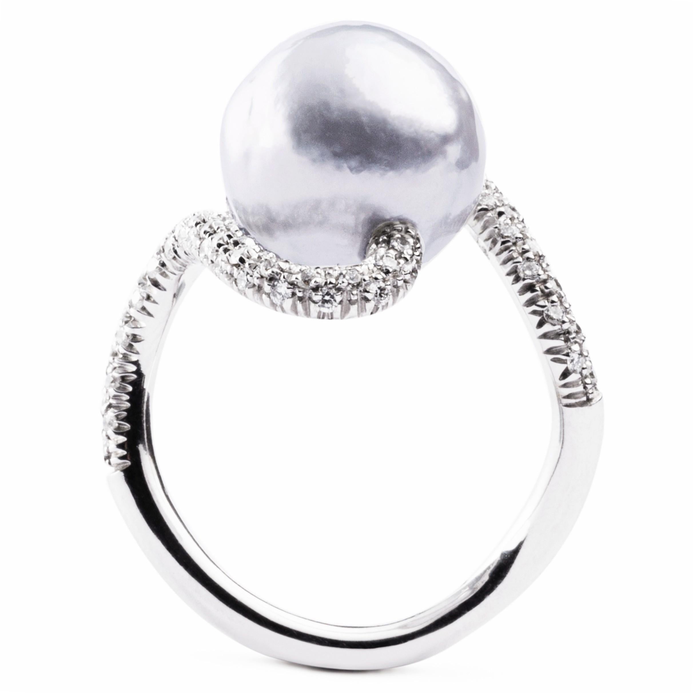 Alex Jona Baroque South Sea Pearl White Diamond 18 Karat White Gold Ring For Sale 1