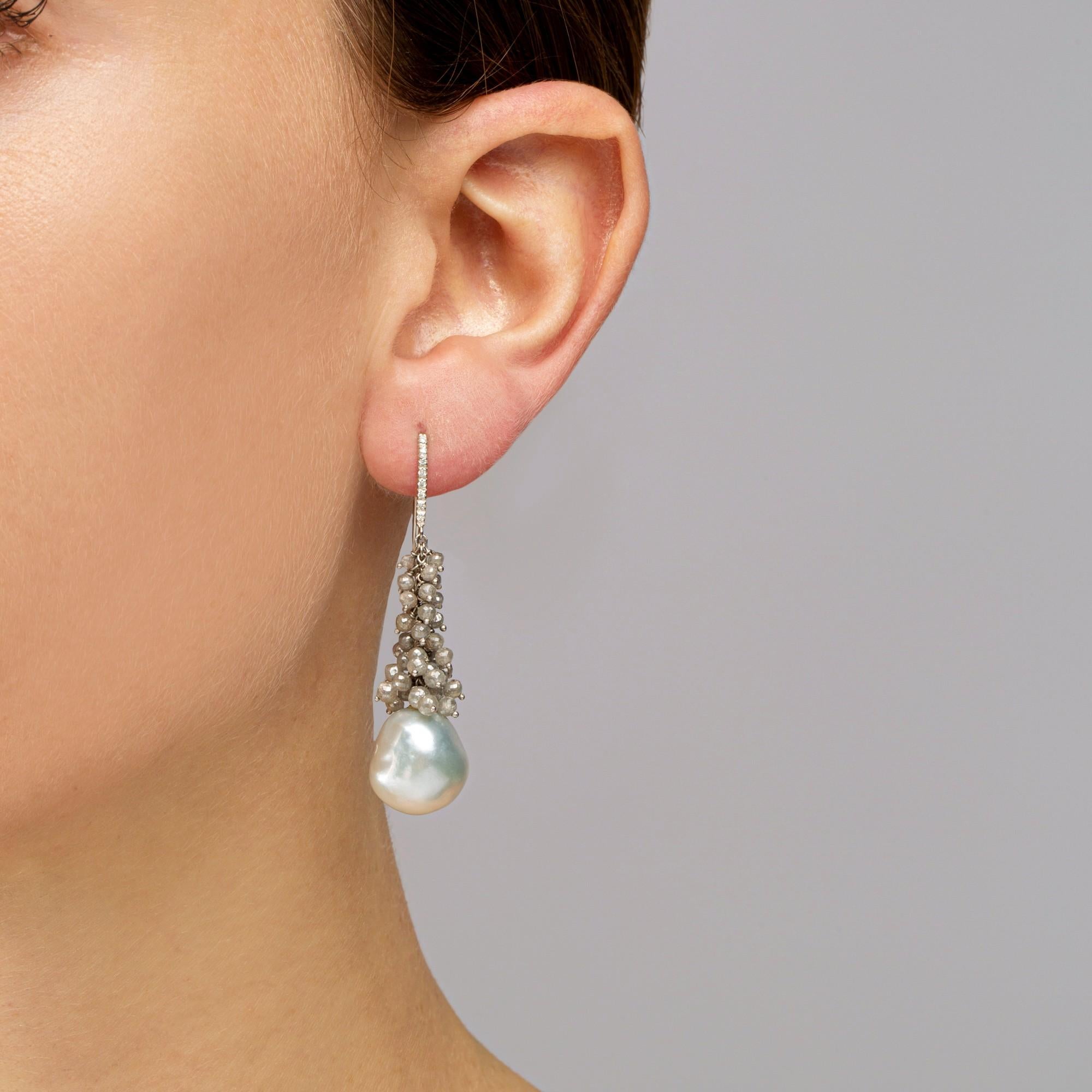Alex Jona one-of-a-kind design collection, hand crafted in Italy, 18 karat white gold dangle earrings, showcasing two natural light grey Tahiti baroque pearls, suspended from 13.30 carats of briolette cut ice diamonds and 0.10 carats of white
