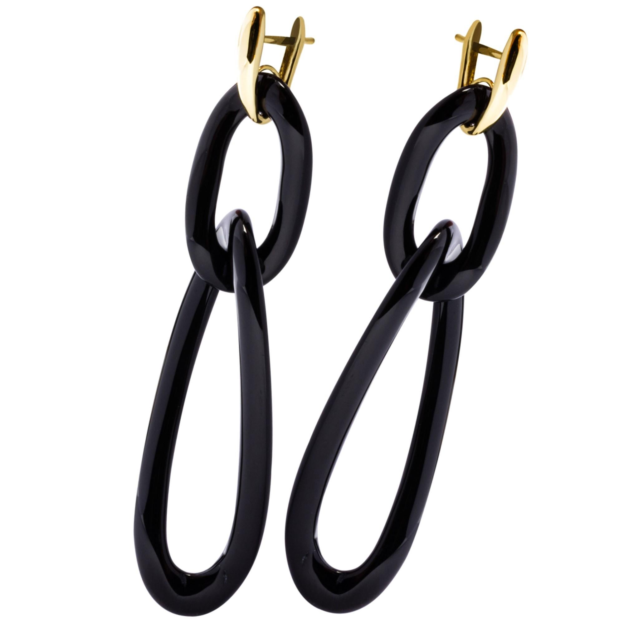 Tumbled Black Agate 18 Karat Yellow Gold Pendant Earrings For Sale