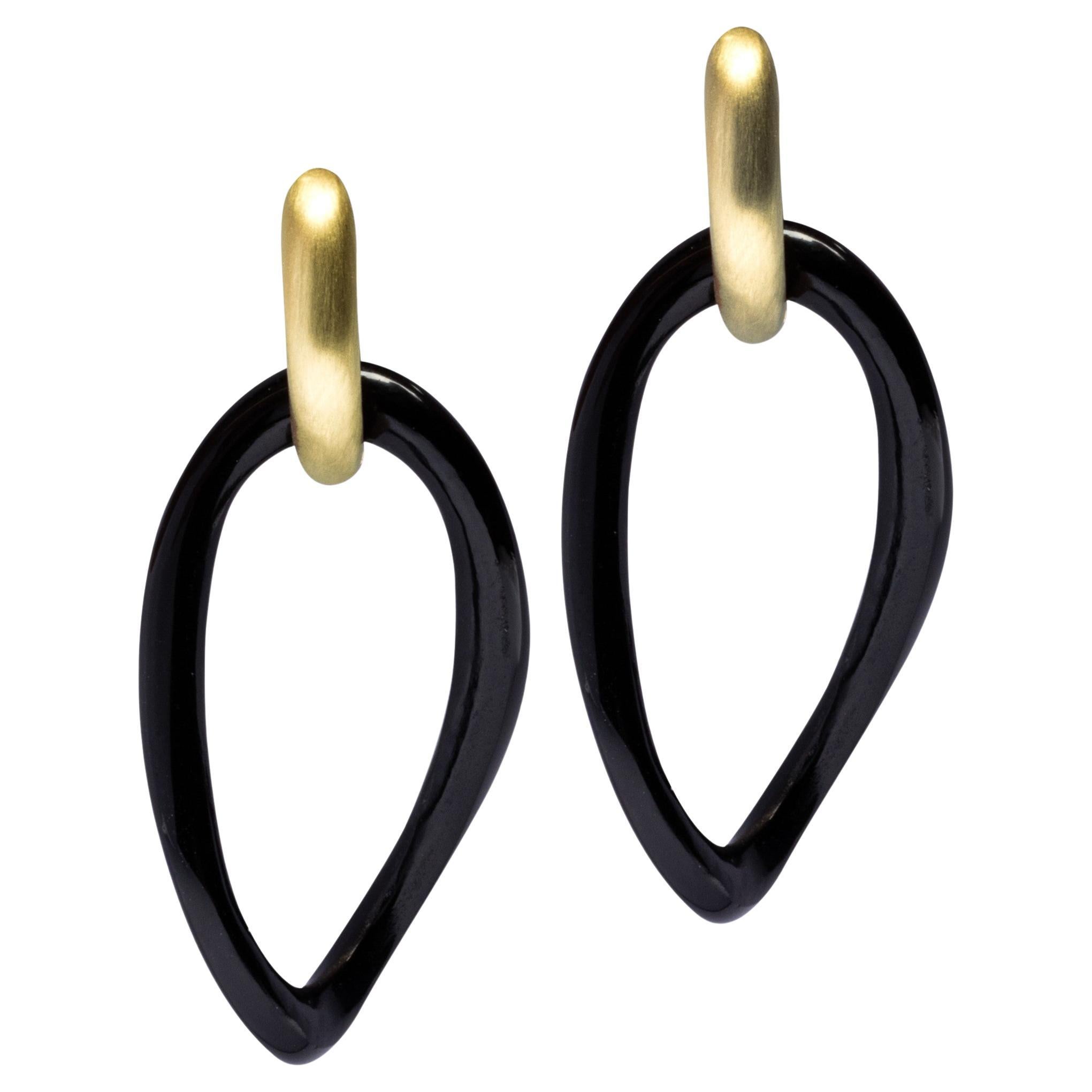 Alex Jona Black Agate Yellow Gold Brushed Pendant Earrings For Sale