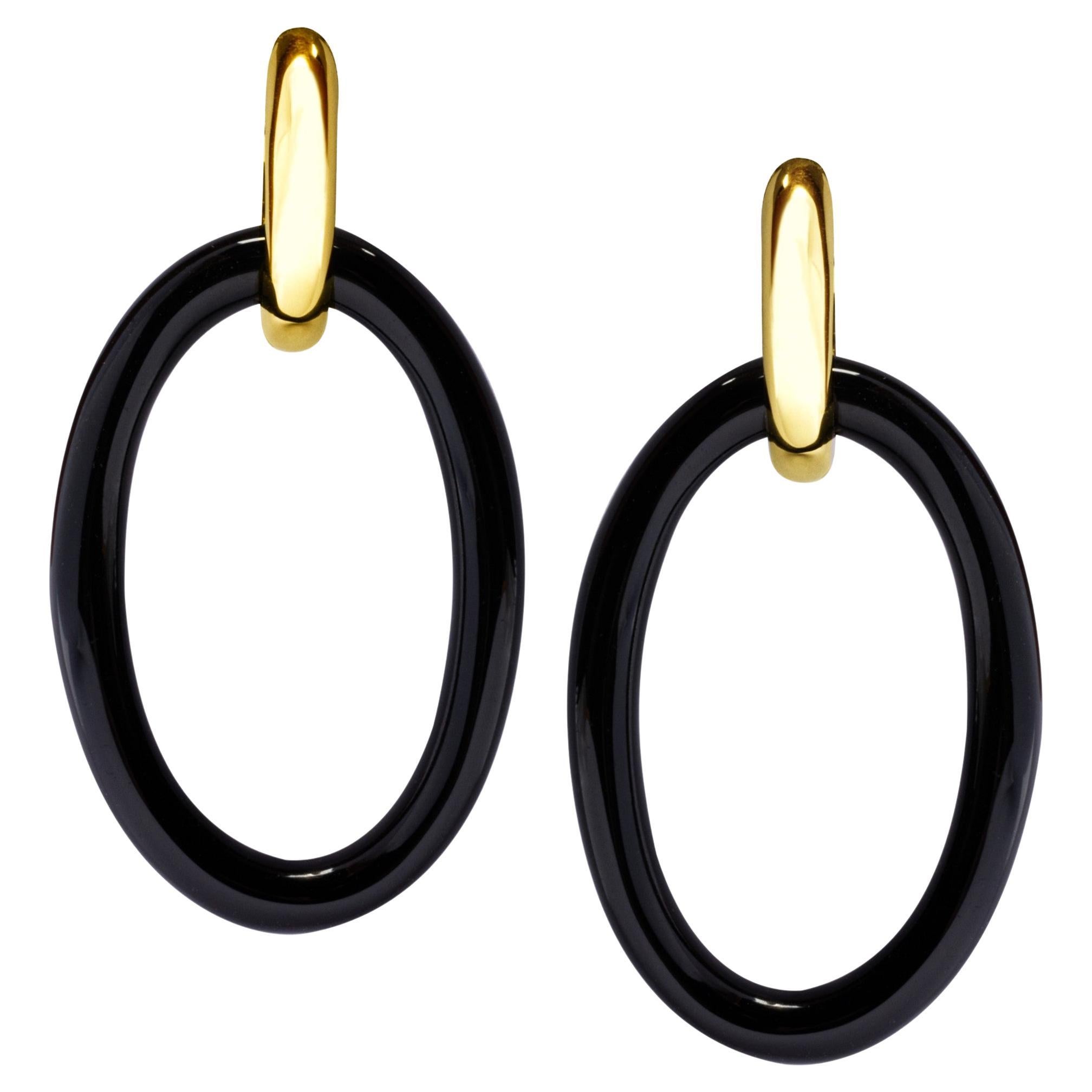 Black Agate Yellow Gold Pendant Earrings For Sale