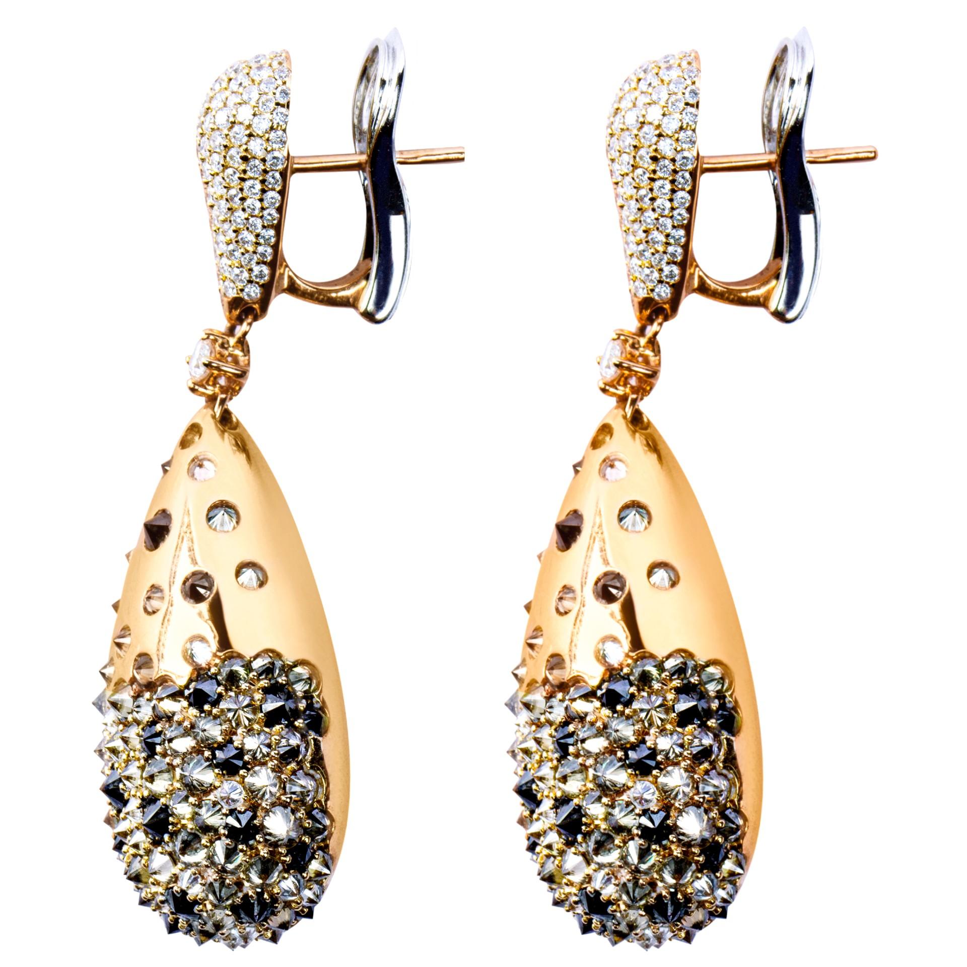 Alex Jona Black Brown and White Diamond 18 Karat Rose Gold Drop Earrings In New Condition For Sale In Torino, IT