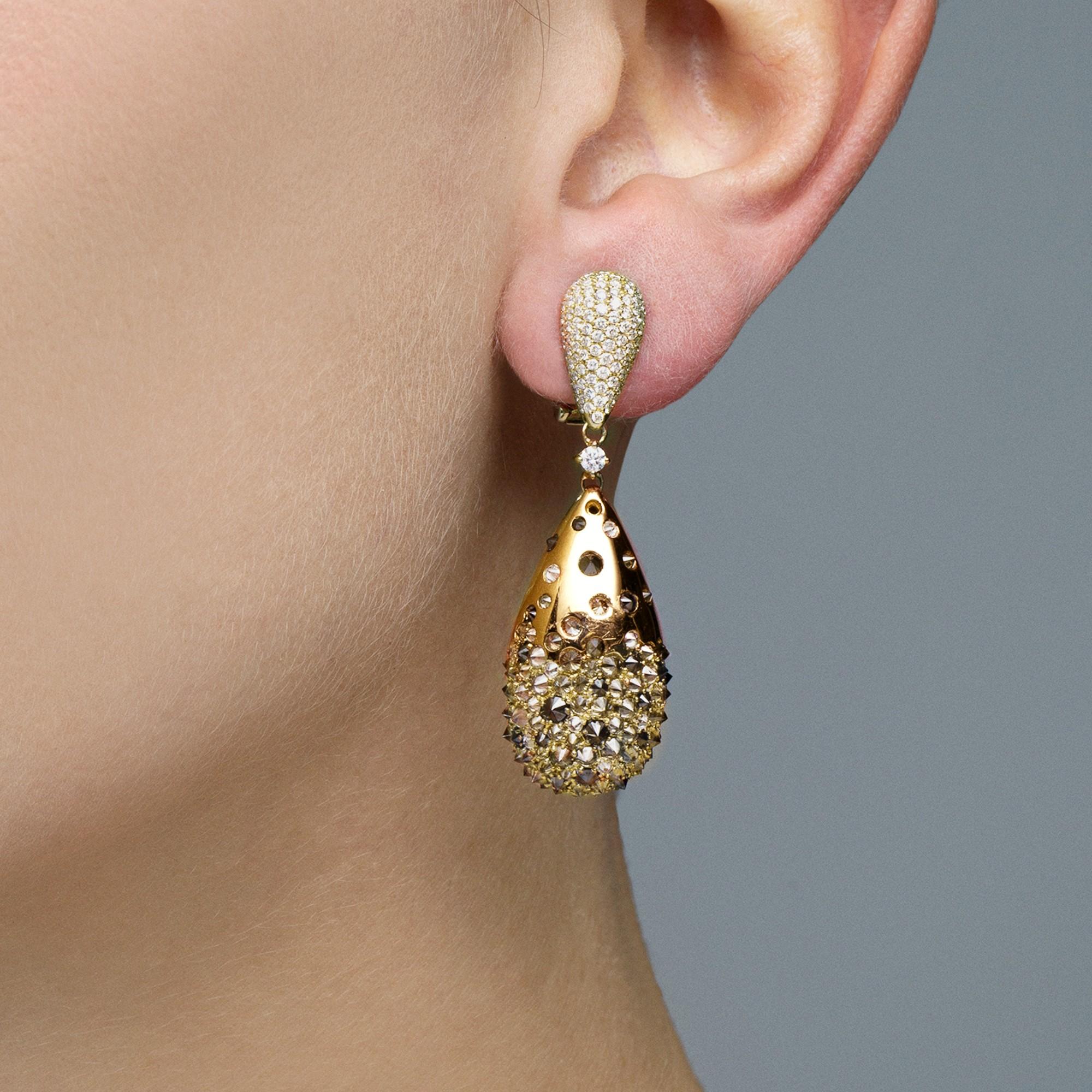 Alex Jona Black Brown and White Diamond 18 Karat Rose Gold Drop Earrings For Sale 1
