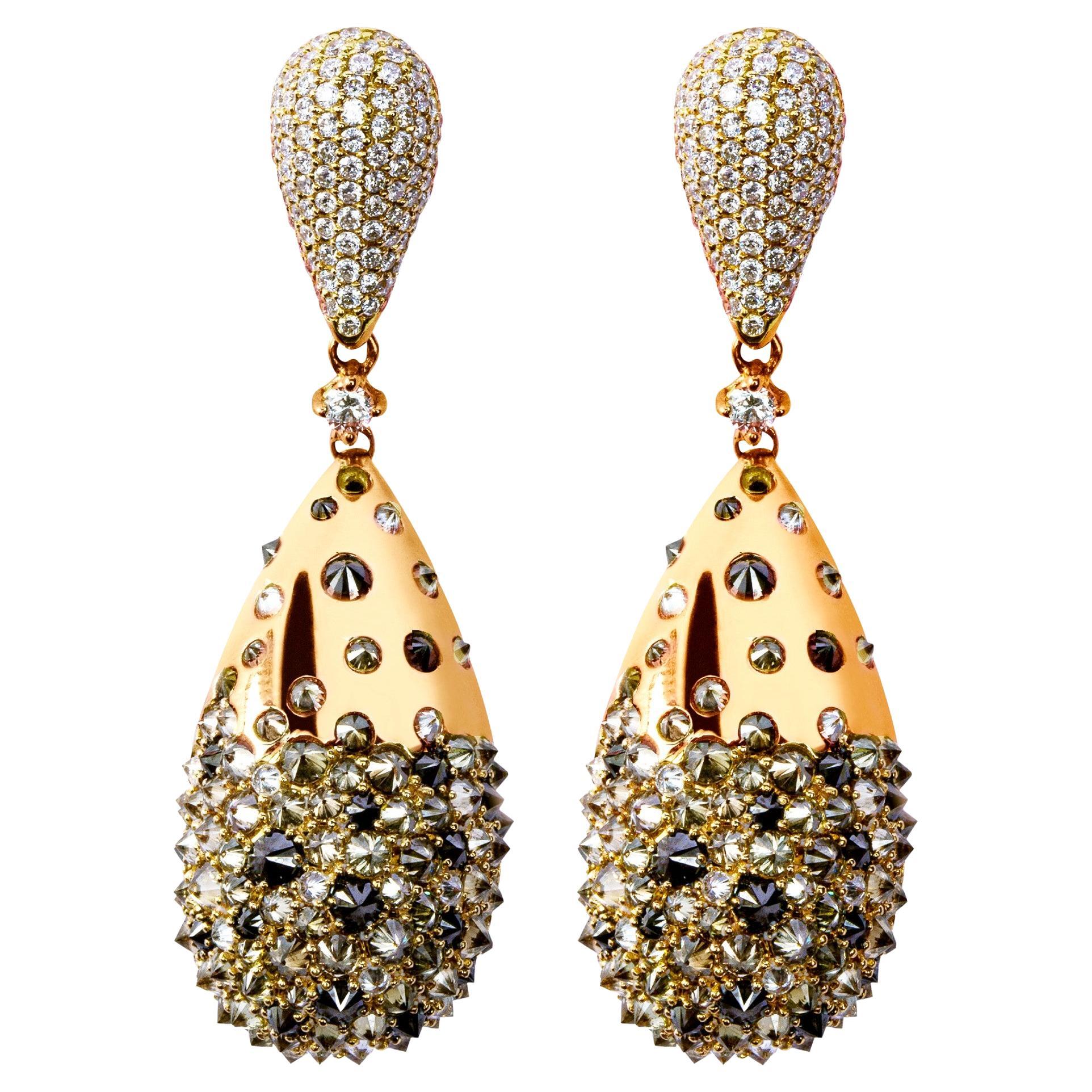 Alex Jona Boucles d'oreilles en goutte en or rose 18 carats avec diamants noirs, bruns et blancs