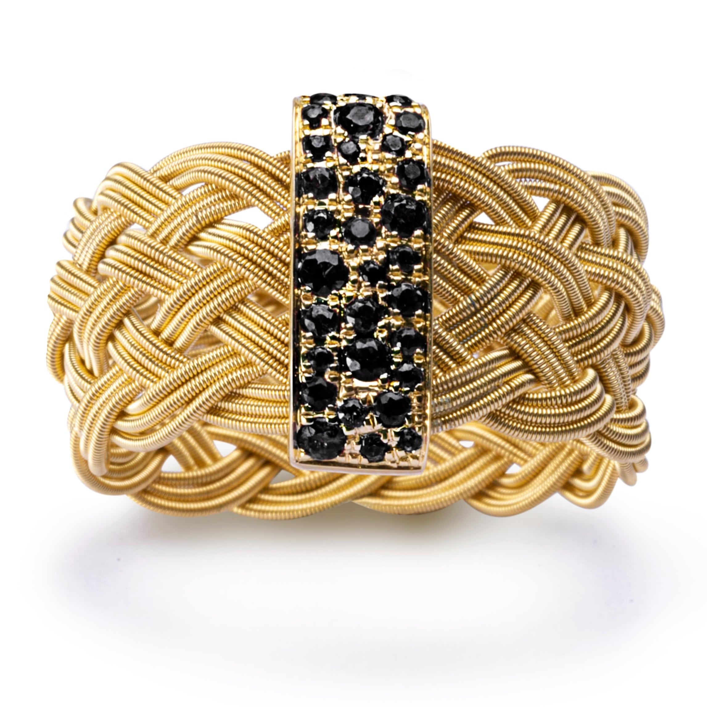 Round Cut Alex Jona Black Diamond 18 Karat Yellow Gold Filigree Ring Band For Sale