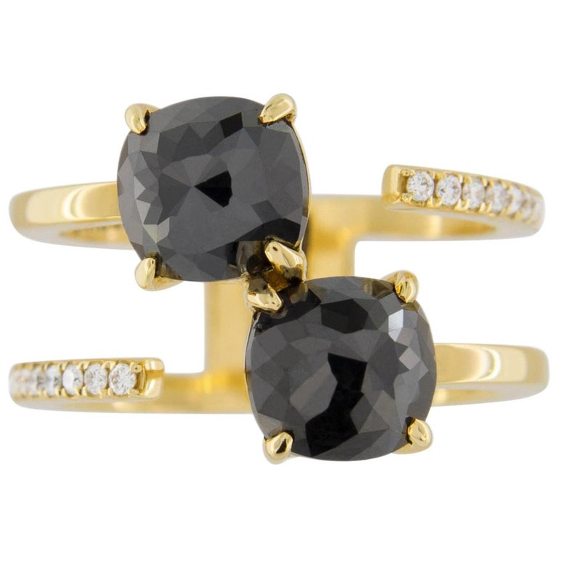 Taille rose Bague ouverte Alex Jona en or jaune 18 carats avec diamants noirs et diamants blancs en vente