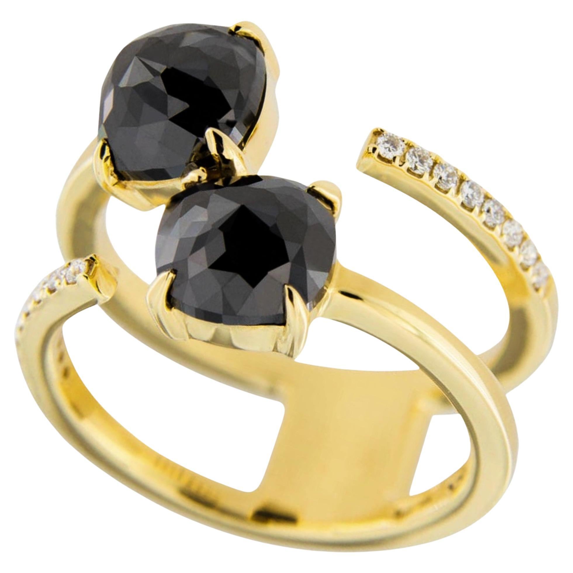 Bague ouverte Alex Jona en or jaune 18 carats avec diamants noirs et diamants blancs