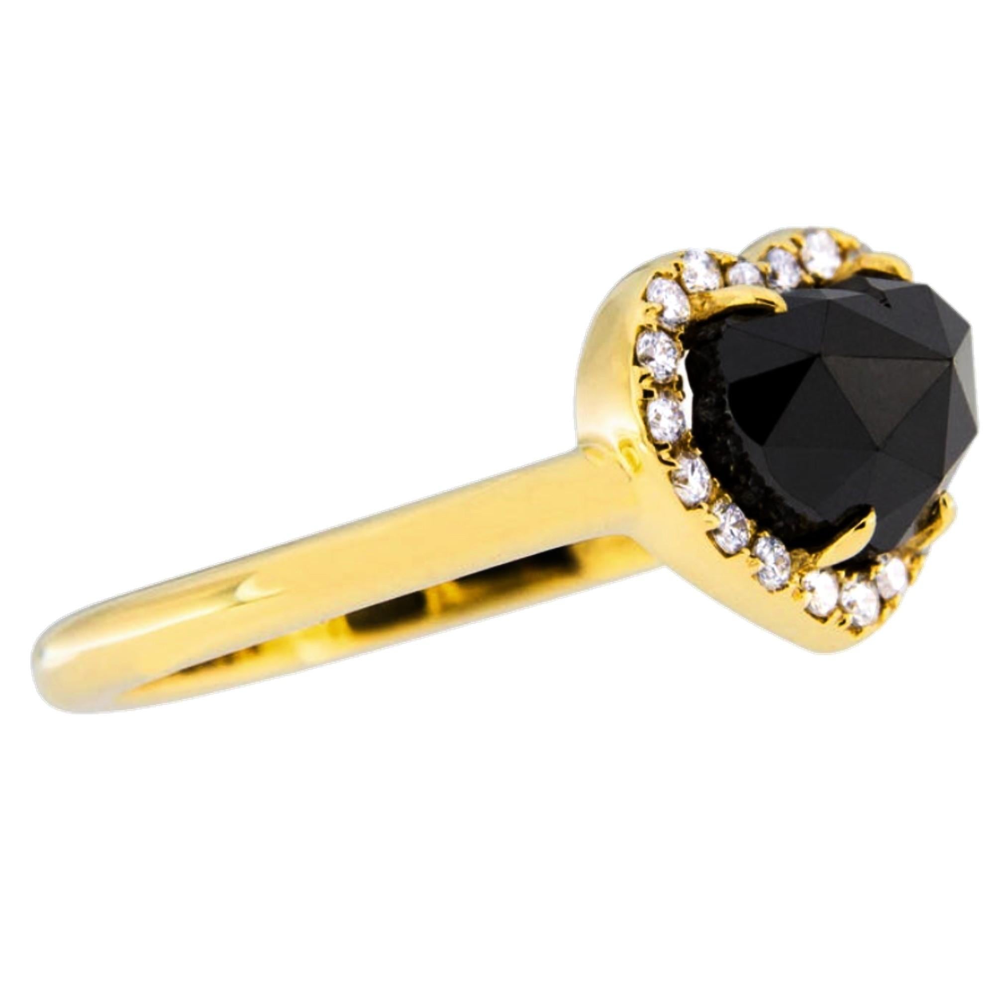Rose Cut Alex Jona Black Diamond Heart White Diamond 18 Karat Gold Halo Ring For Sale