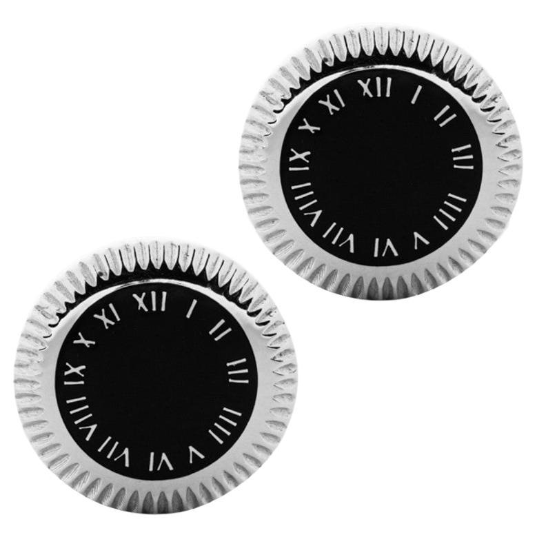 Alex Jona Black Enamel Clock Dial Sterling Silver Cufflinks For Sale