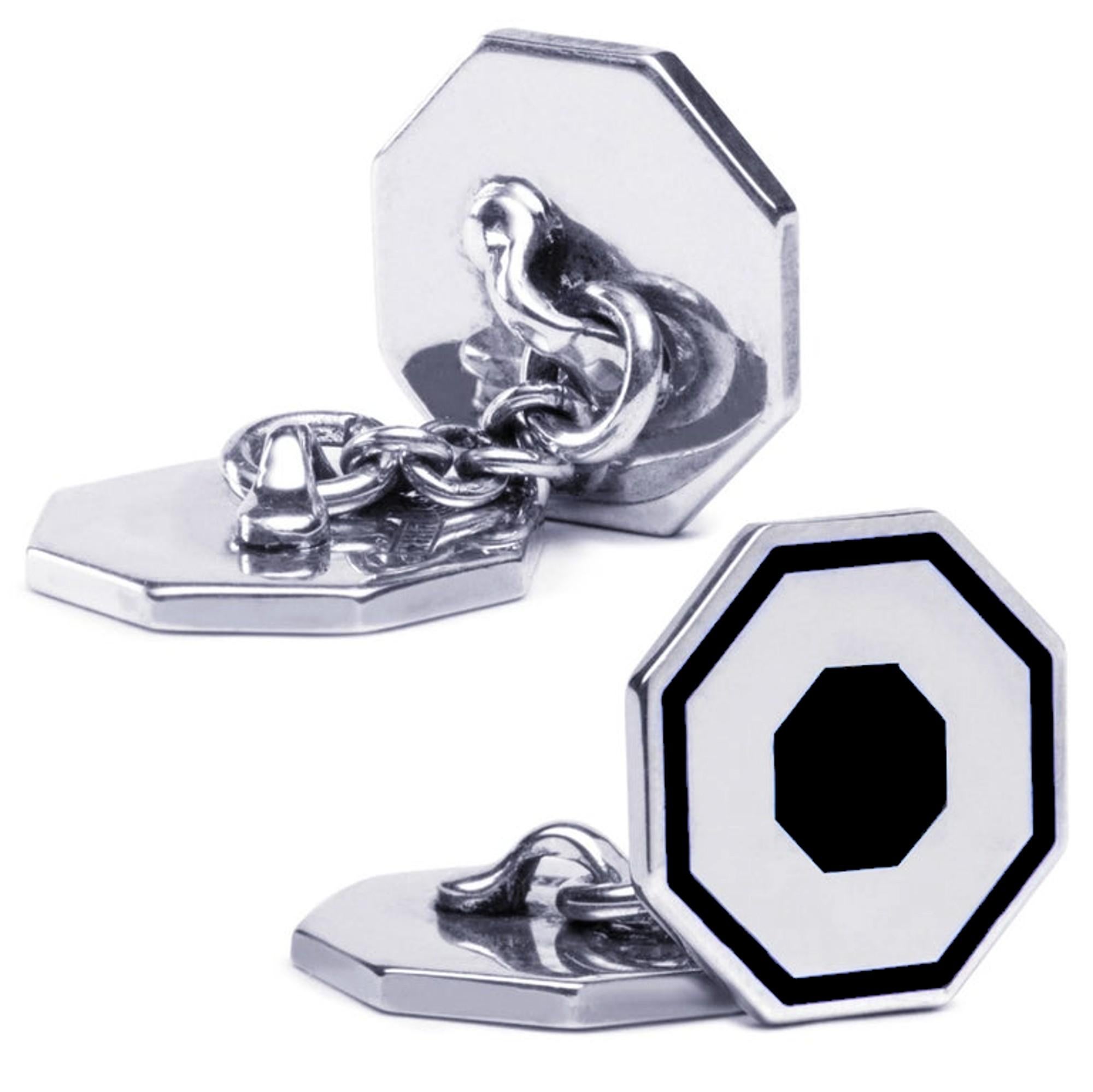 Alex Jona Black Enamel Sterling Silver Octagonal Cufflinks In New Condition For Sale In Torino, IT