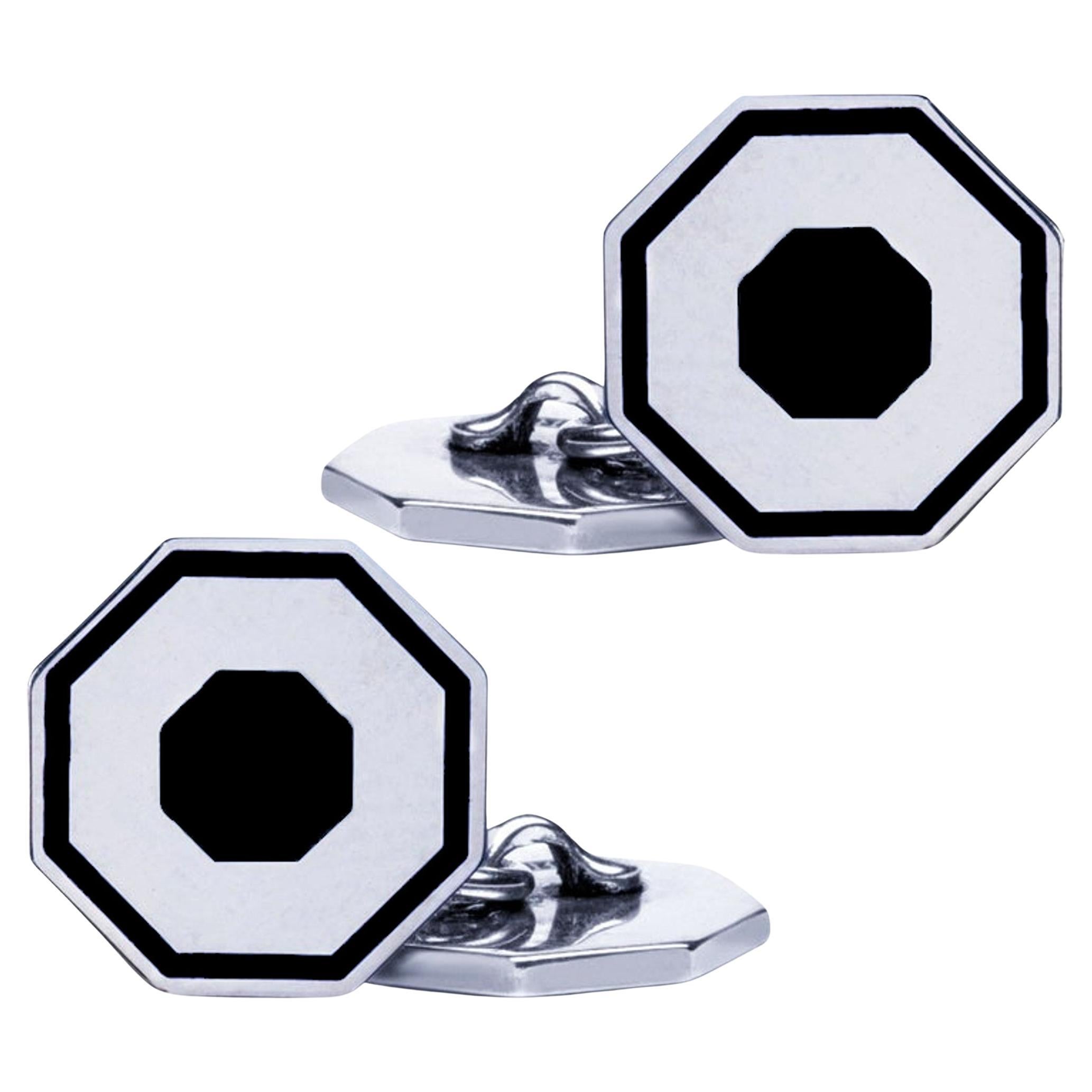 Alex Jona Black Enamel Sterling Silver Octagonal Cufflinks