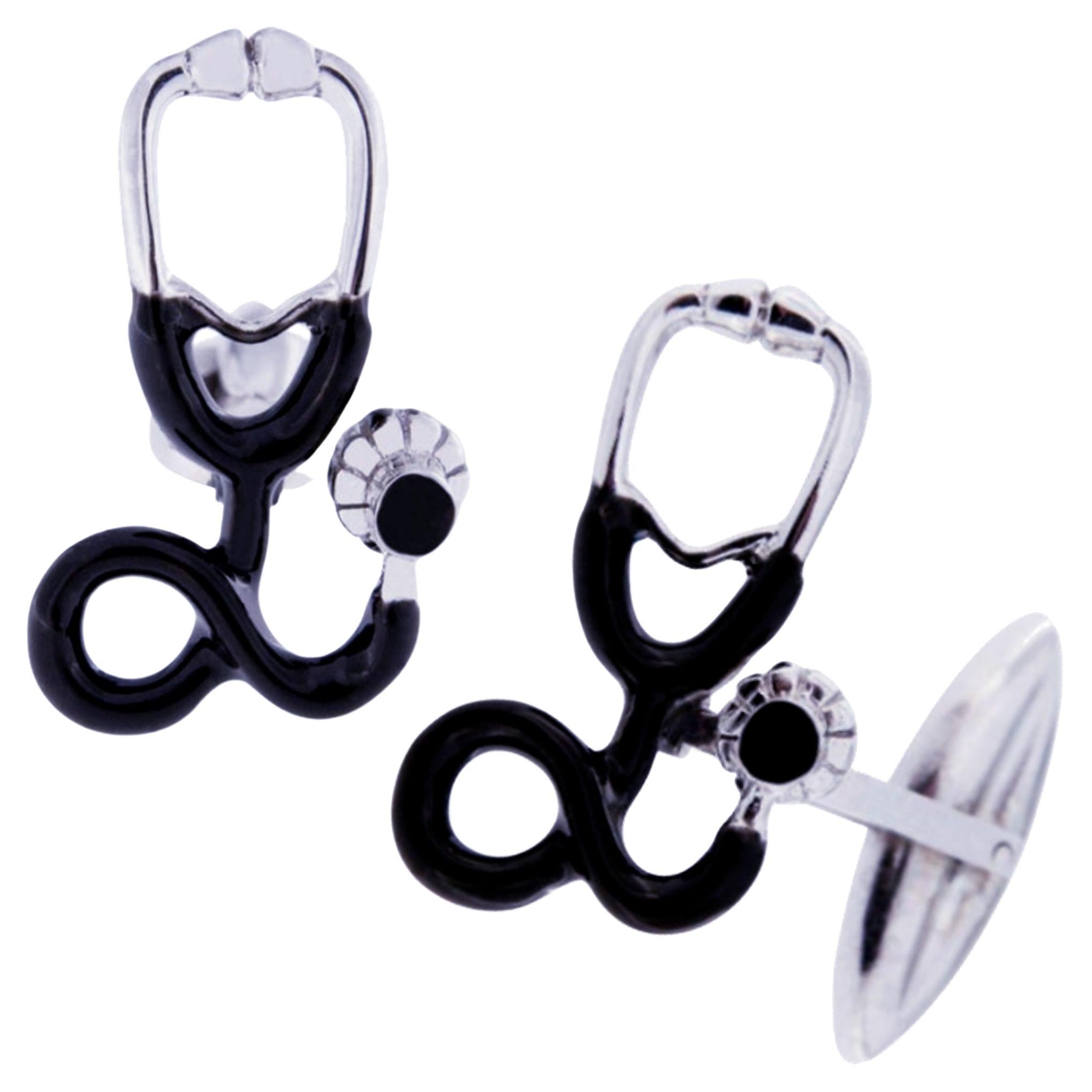 Manschettenknöpfe von Jona aus schwarzer Emaille und Sterlingsilber mit Stethoscope-Muster im Angebot