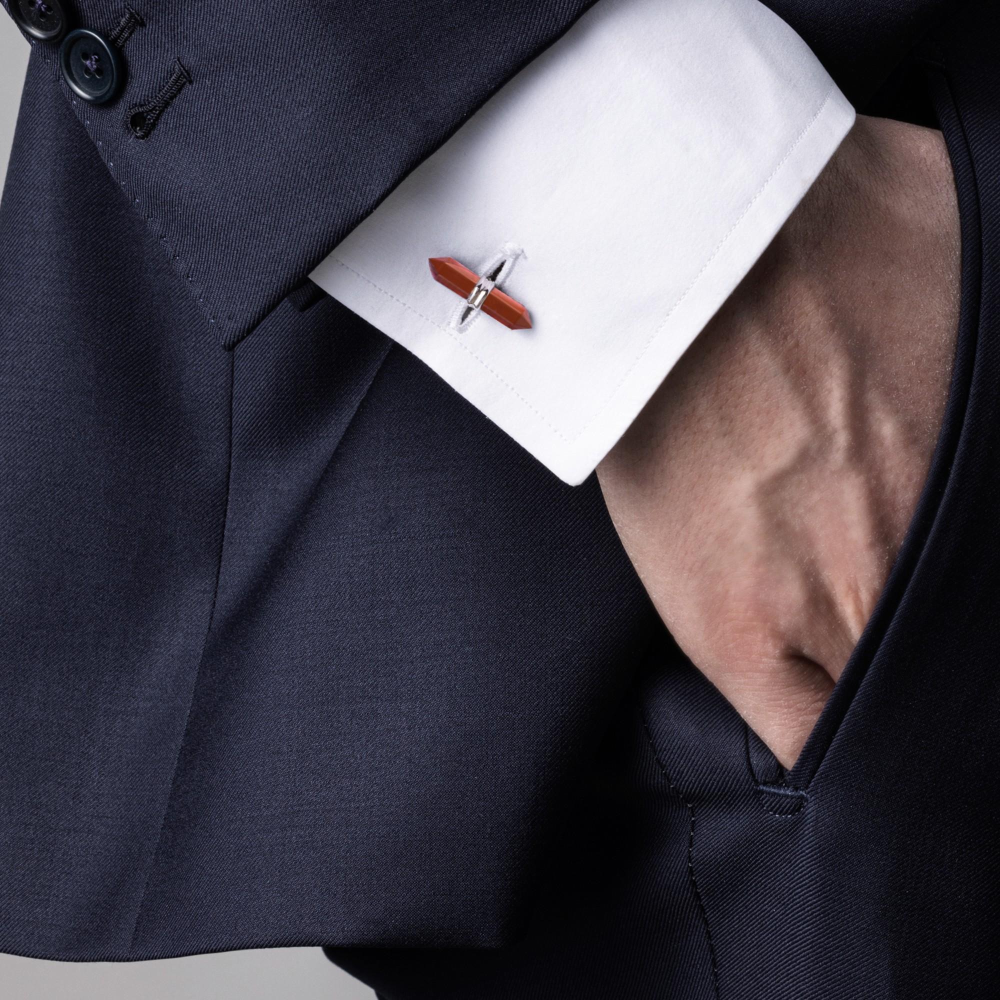 Alex Jona design collection, hand crafted in Italy, Red Jasper prism bar cufflinks mounted in rhodium plate sterling silver. The silver cufflinks are 