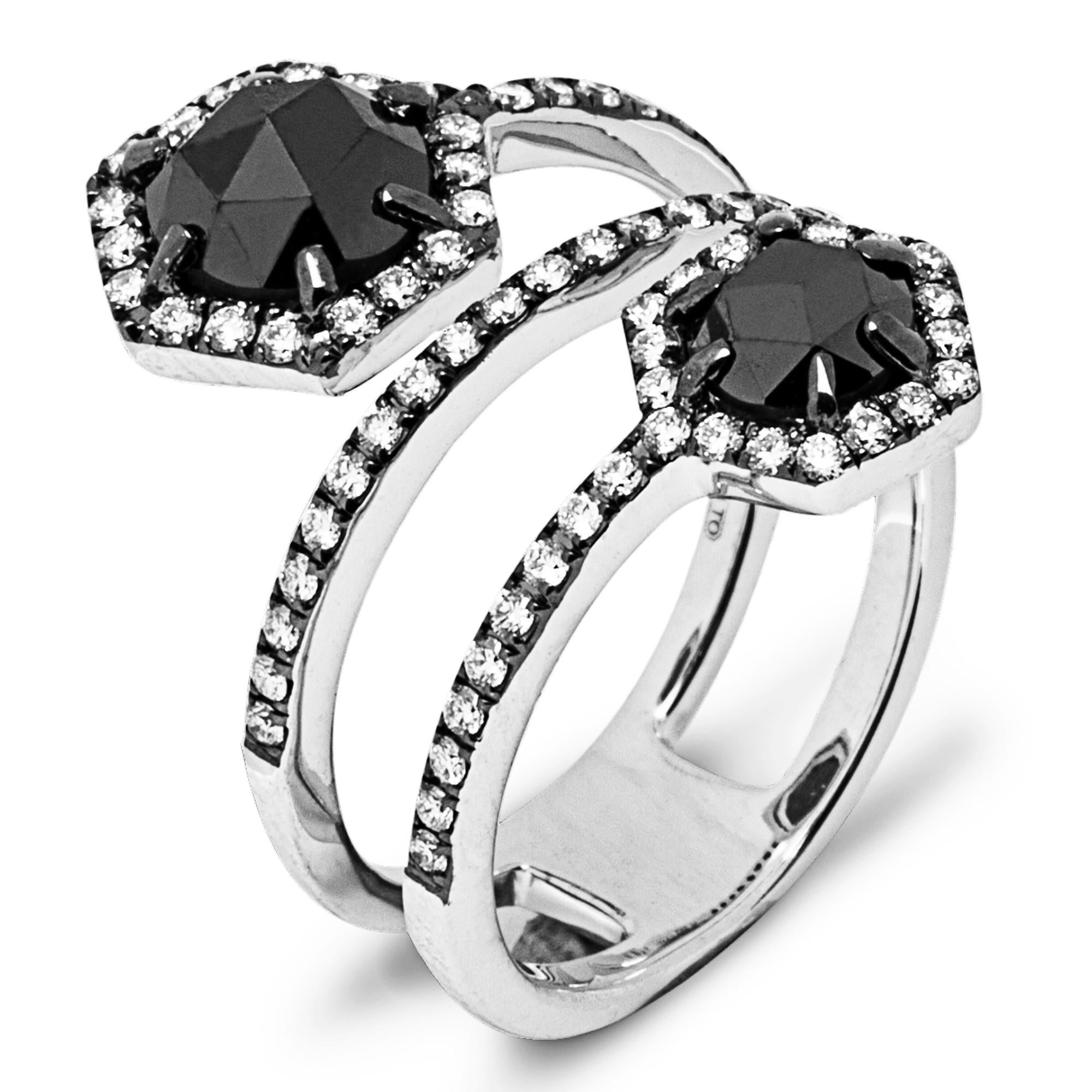 Rose Cut Alex Jona Black & White Diamond 18 Karat White Gold Crossover Ring Band For Sale