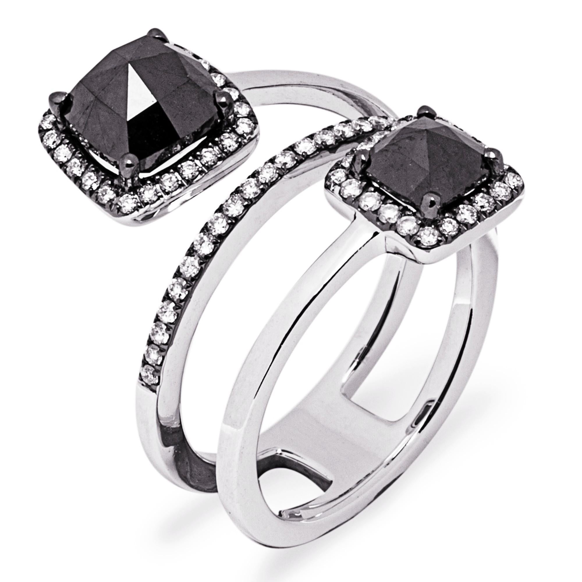 Anneau croisé Alex Jona en or blanc 18 carats avec diamants noirs et blancs