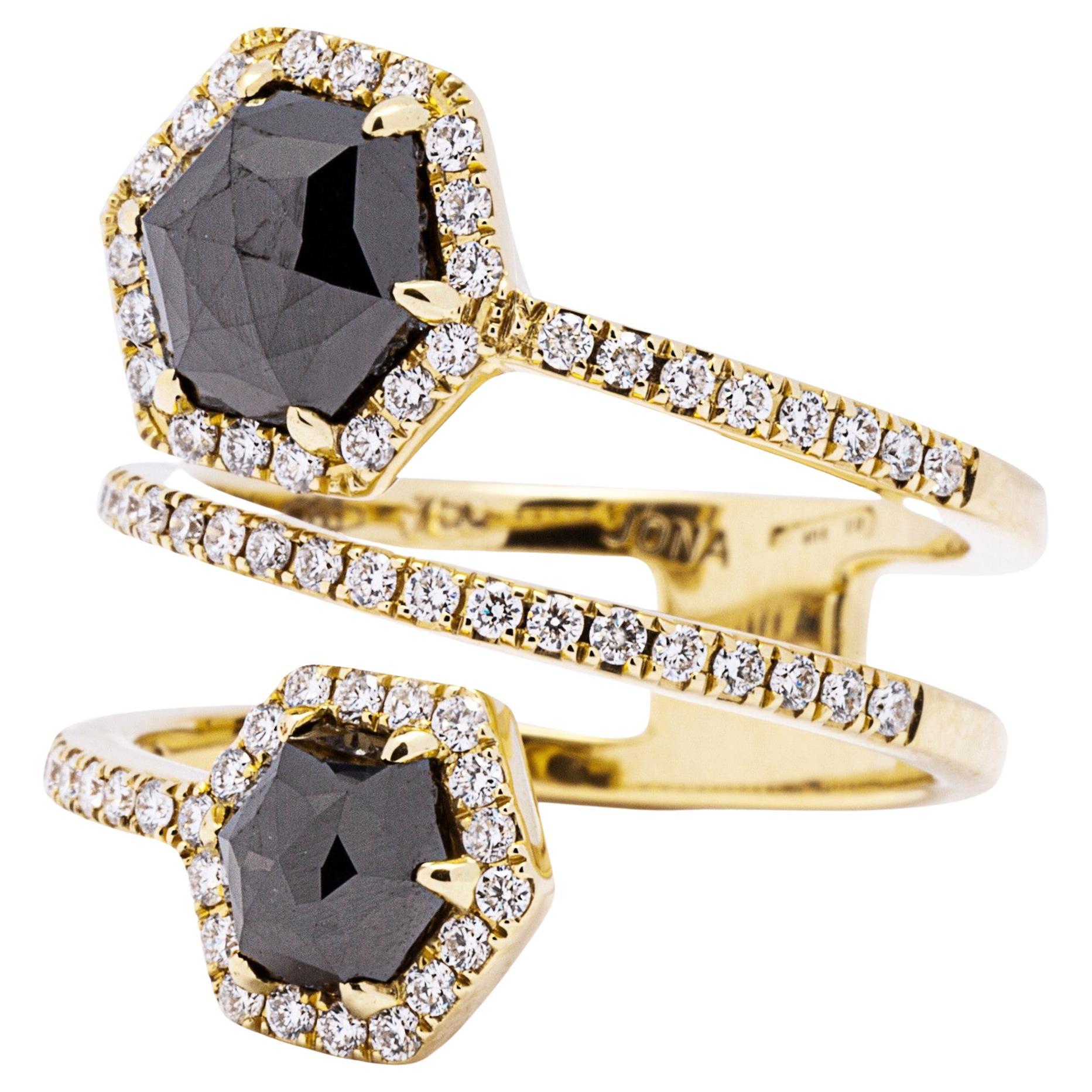 Crossover-Ringband von Alex Jona, schwarz-weißer Diamant, 18 Karat Gelbgold