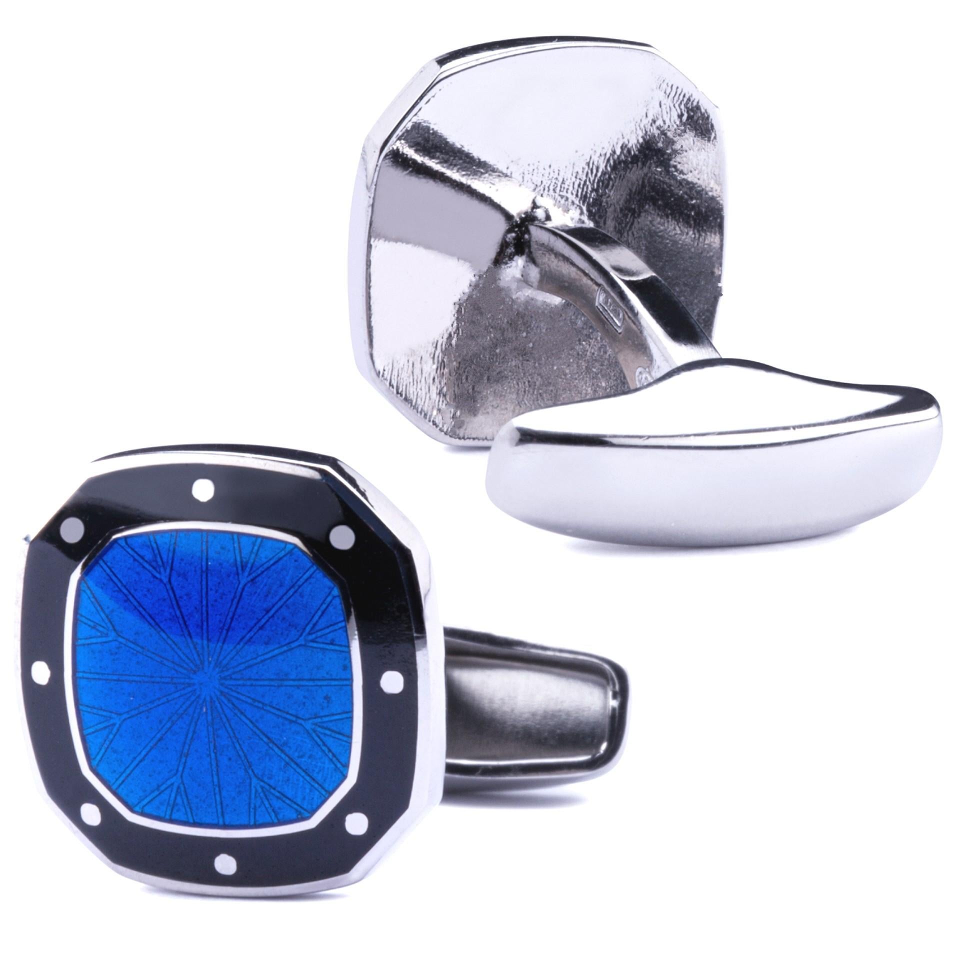 Alex Jona Blue and Black Enamel Sterling Silver Cufflinks In New Condition For Sale In Torino, IT