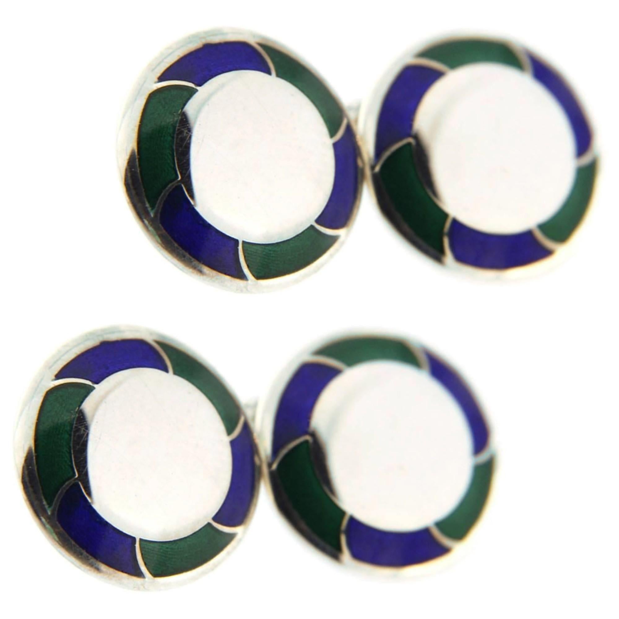Alex Jona Blue and Green Enamel Sterling Silver Cufflinks In New Condition For Sale In Torino, IT