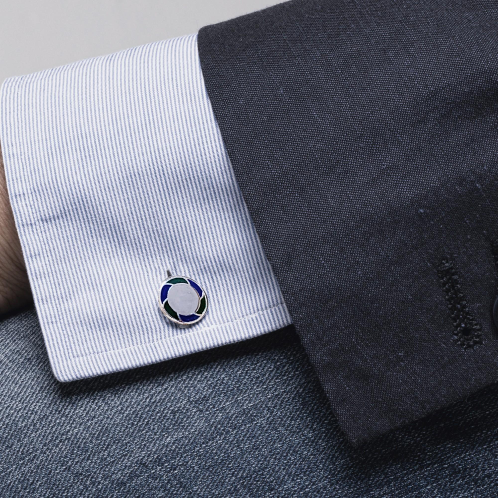 Women's or Men's Alex Jona Blue and Green Enamel Sterling Silver Cufflinks For Sale