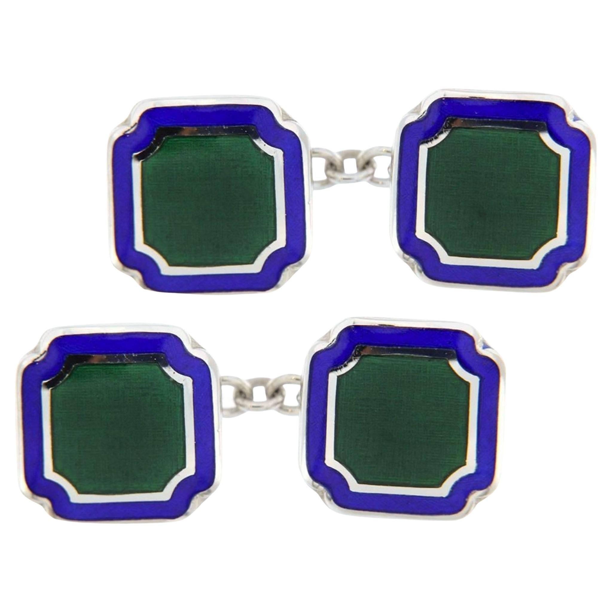Manschettenknöpfe aus Sterlingsilber mit blauer und grüner Emaille im Angebot