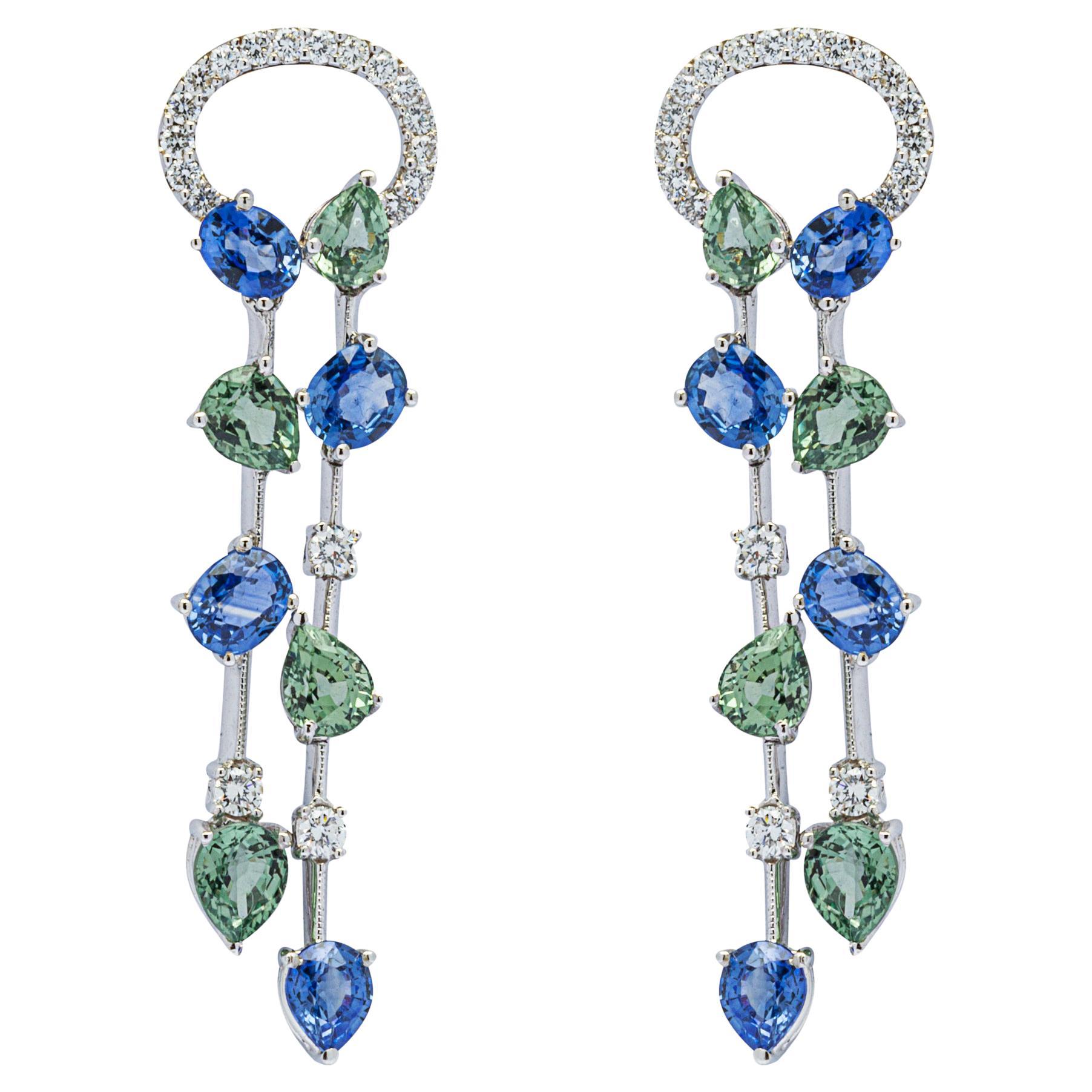 Alex Jona Blue and Green Sapphire White Diamond 18 Karat White Gold Ear Pendants For Sale