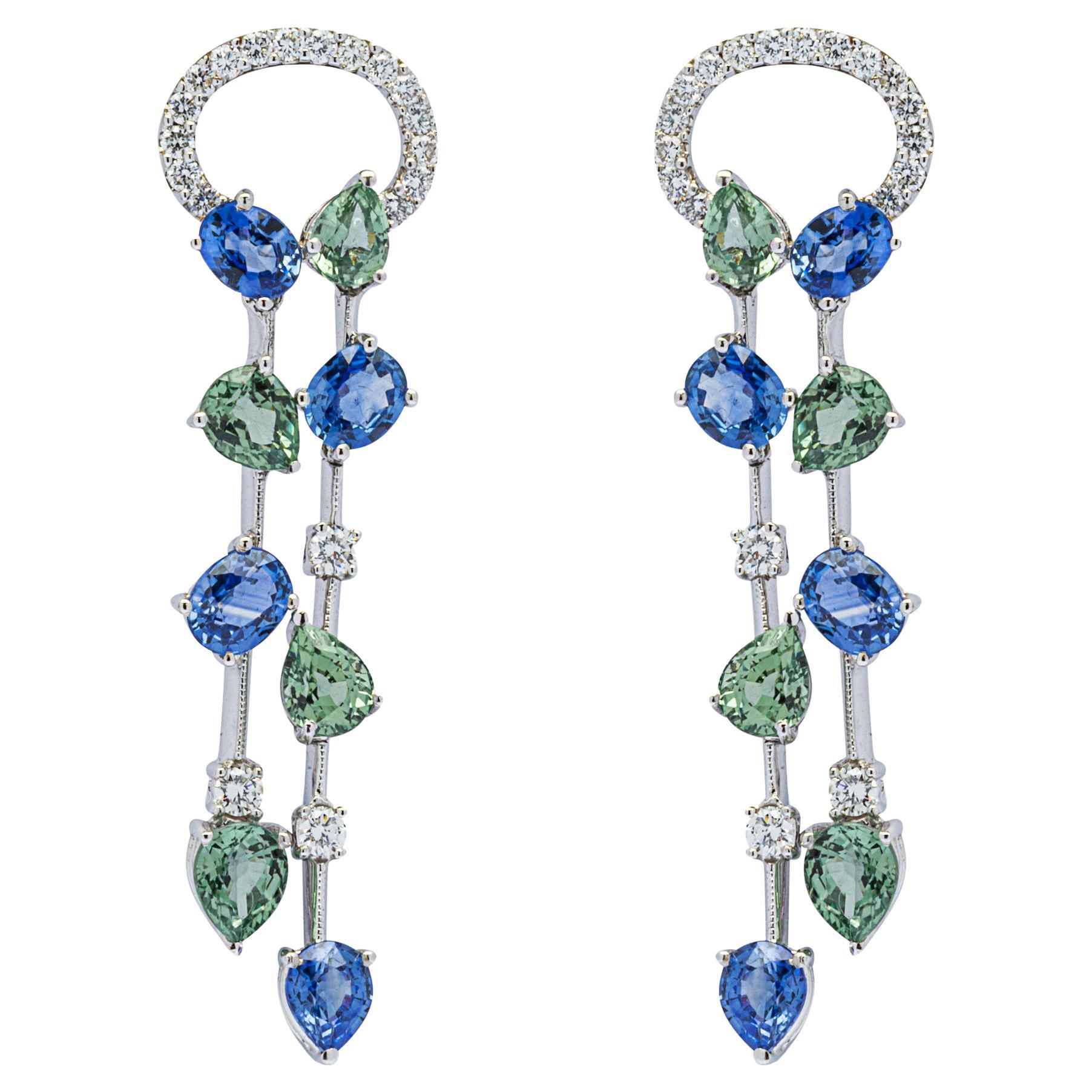 Alex Jona Blue and Green Sapphire White Diamond 18 Karat White Gold Ear Pendants