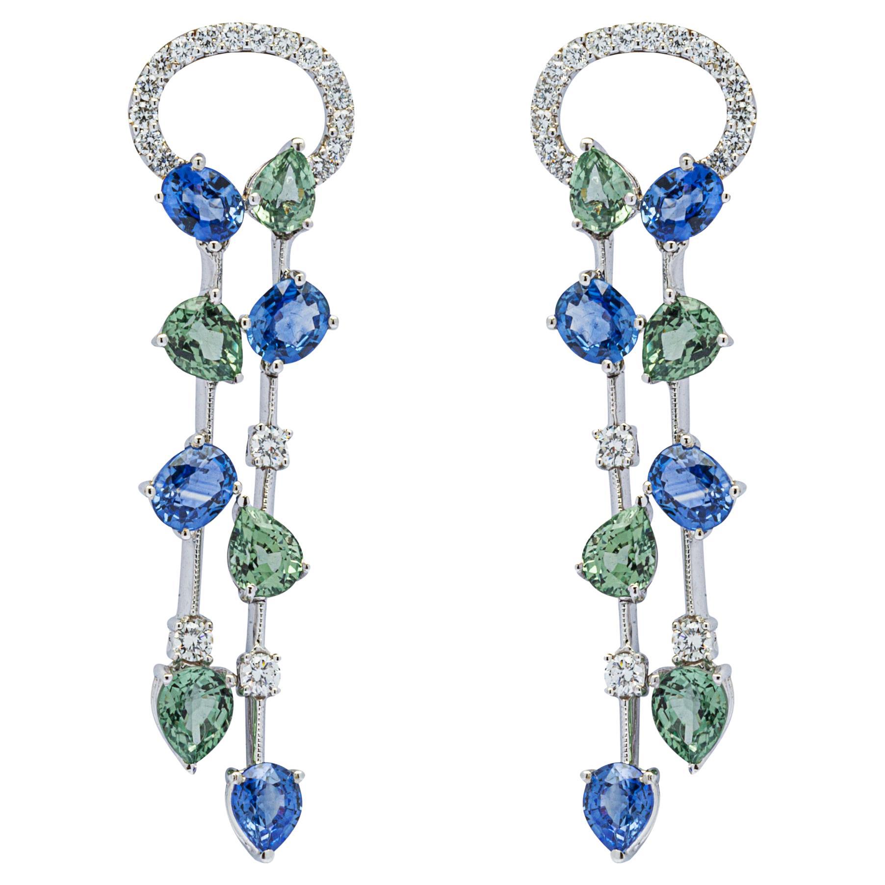 Alex Jona Blue and Green Sapphire White Diamond 18 Karat White Gold Ear Pendants