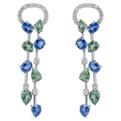 Alex Jona, pendentifs d'oreilles en or blanc 18 carats avec saphirs bleus et verts et diamants blancs