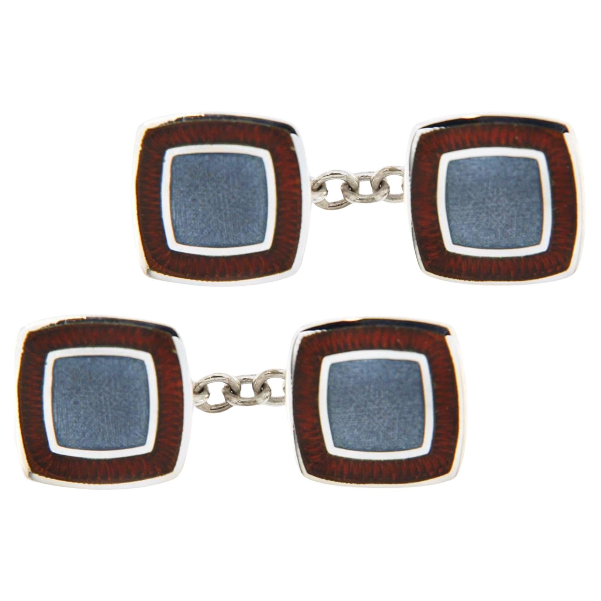 Alex Jona Blue and Red Enamel Square Sterling Silver Cufflinks For Sale