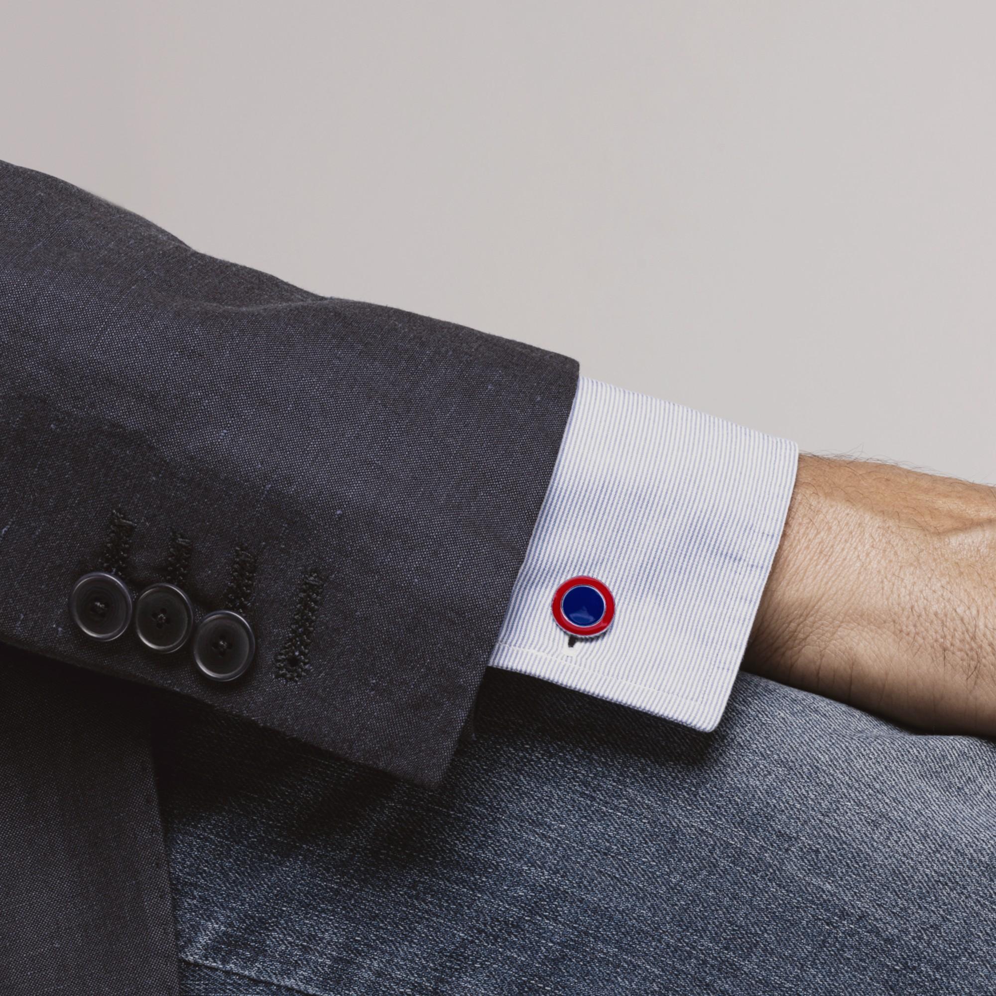 Alex Jona design collection, hand crafted in Italy, sterling silver cufflinks with blue and Red enamel.
Dimension : Diameter 0.15 in / 3.81 mm X Depth 0.05 in/ 1,27 mm

Alex Jona cufflinks stand out, not only for their special design and for the