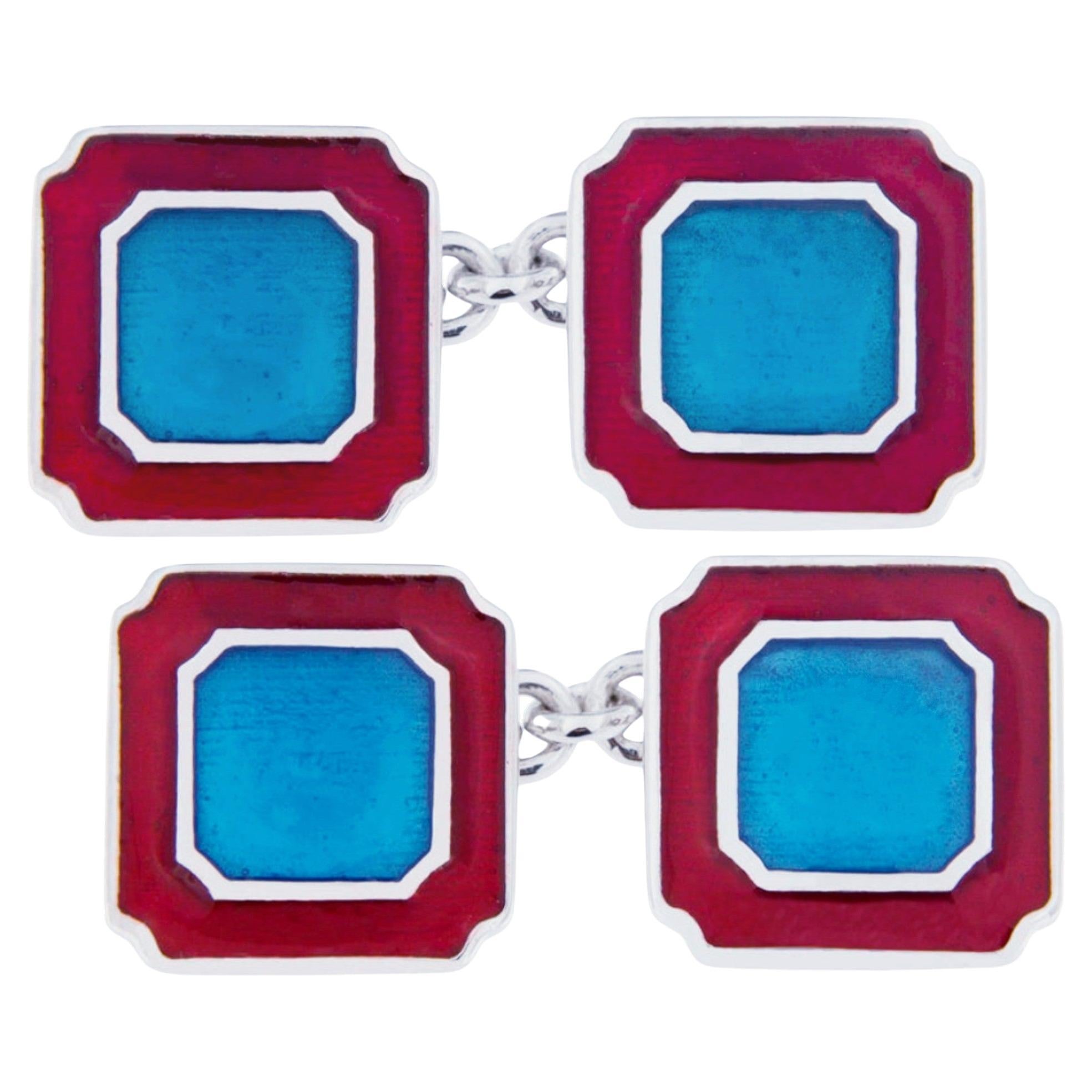 Blaue und rote Emaille-Sterlingsilber-Manschettenknöpfe von Jona