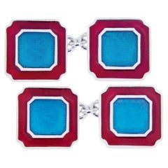 Blaue und rote Emaille-Sterlingsilber-Manschettenknöpfe von Jona