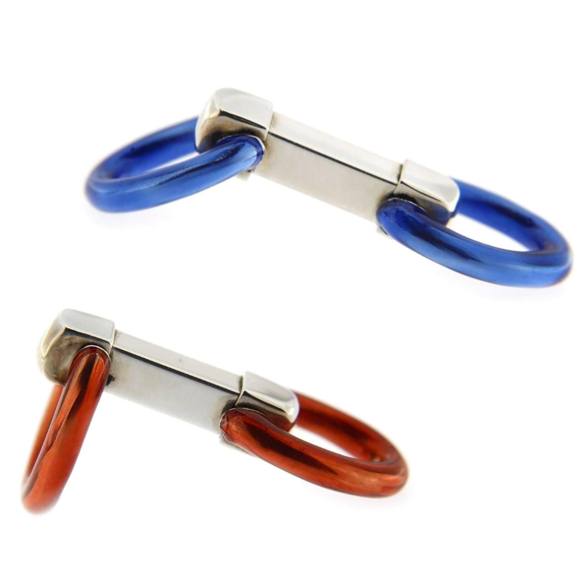Alex Jona Blue and Red Enamel Sterling Silver Double Ring Folding Cufflinks In New Condition For Sale In Torino, IT