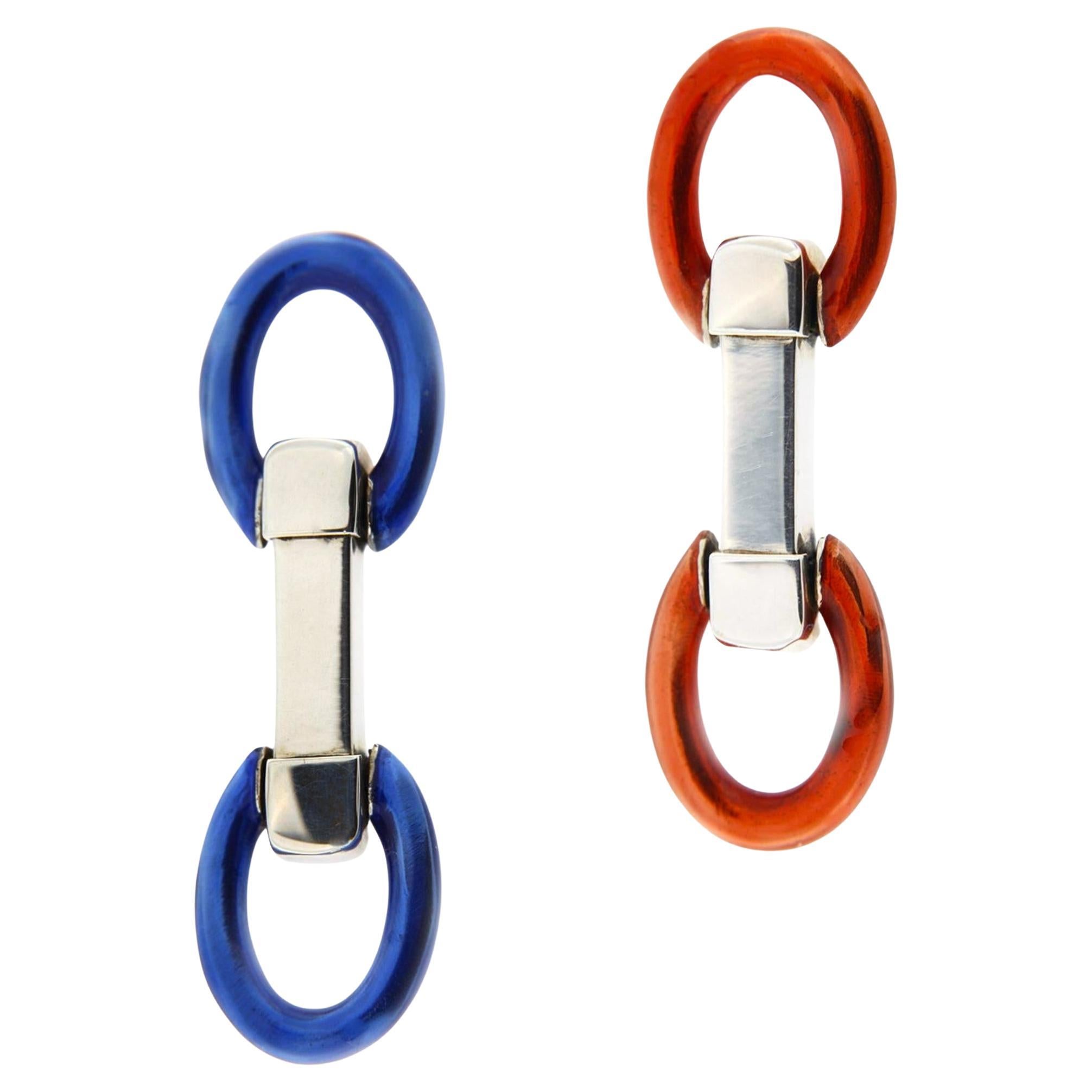 Gemelli da polso a doppio anello pieghevole in argento 925 con smalto blu e rosso di Alex Jona
