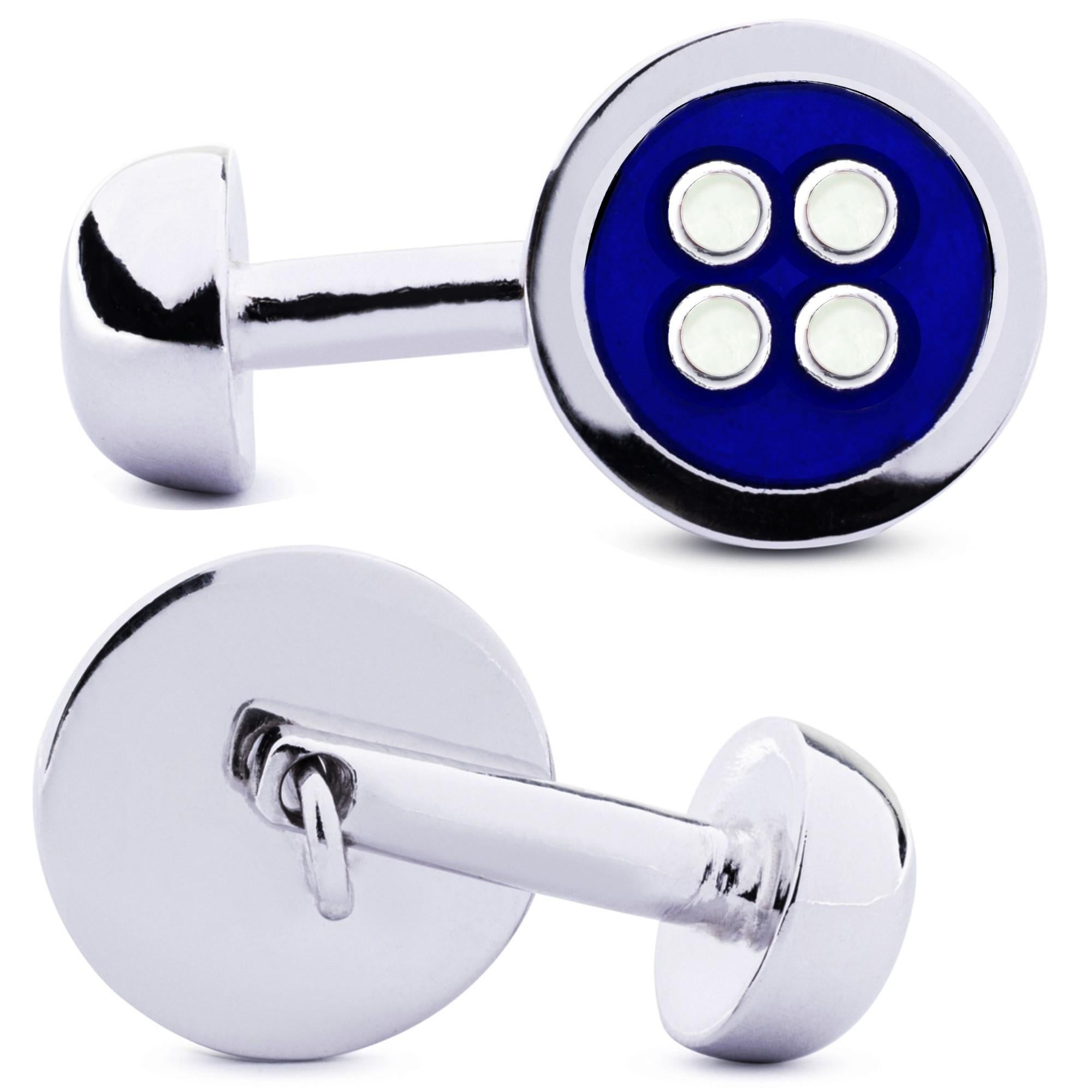 Gemelli a bottone in argento sterling con smalto blu e bianco di Alex Jona In condizioni Nuovo in vendita a Lugano, CH