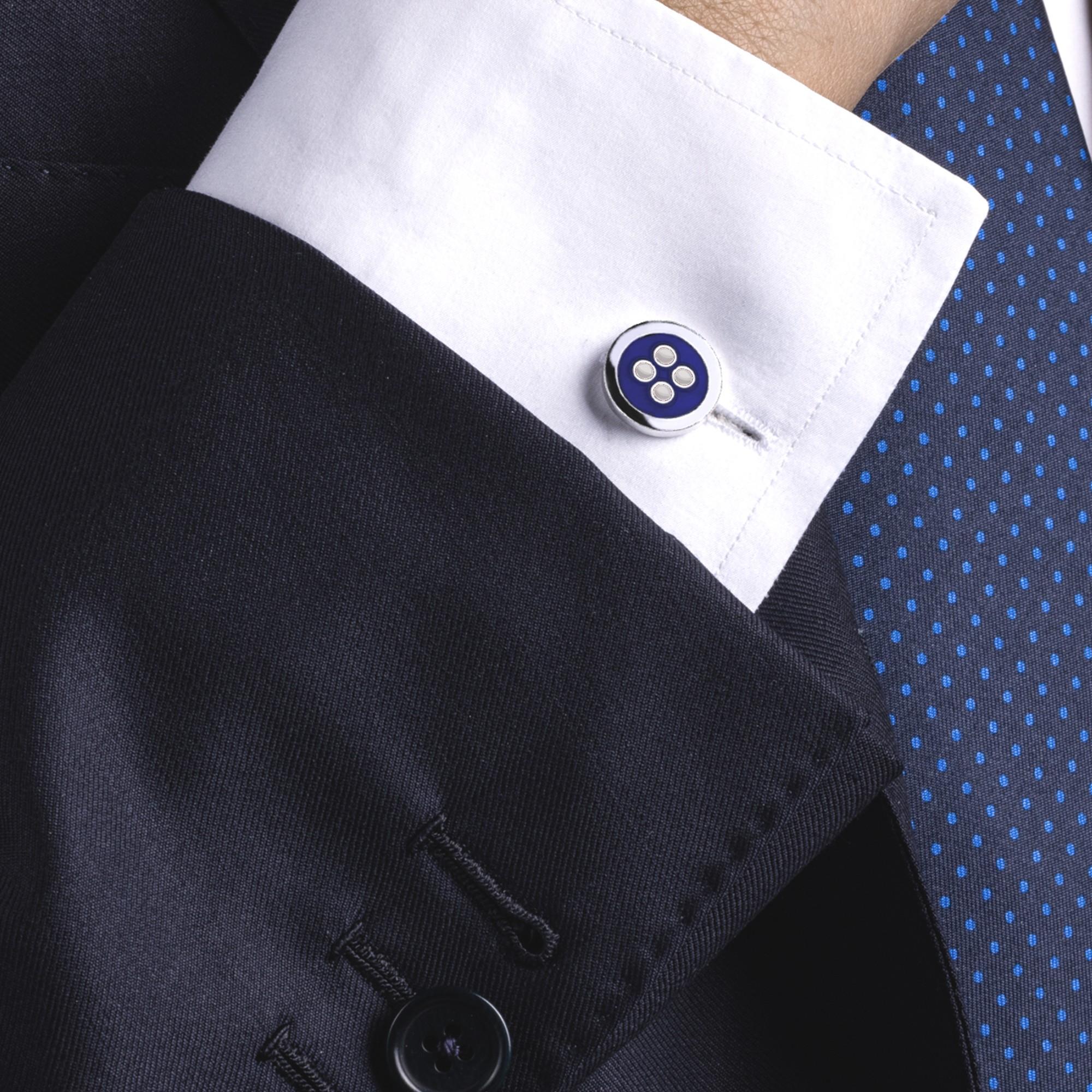 Uomo Gemelli a bottone in argento sterling con smalto blu e bianco di Alex Jona in vendita