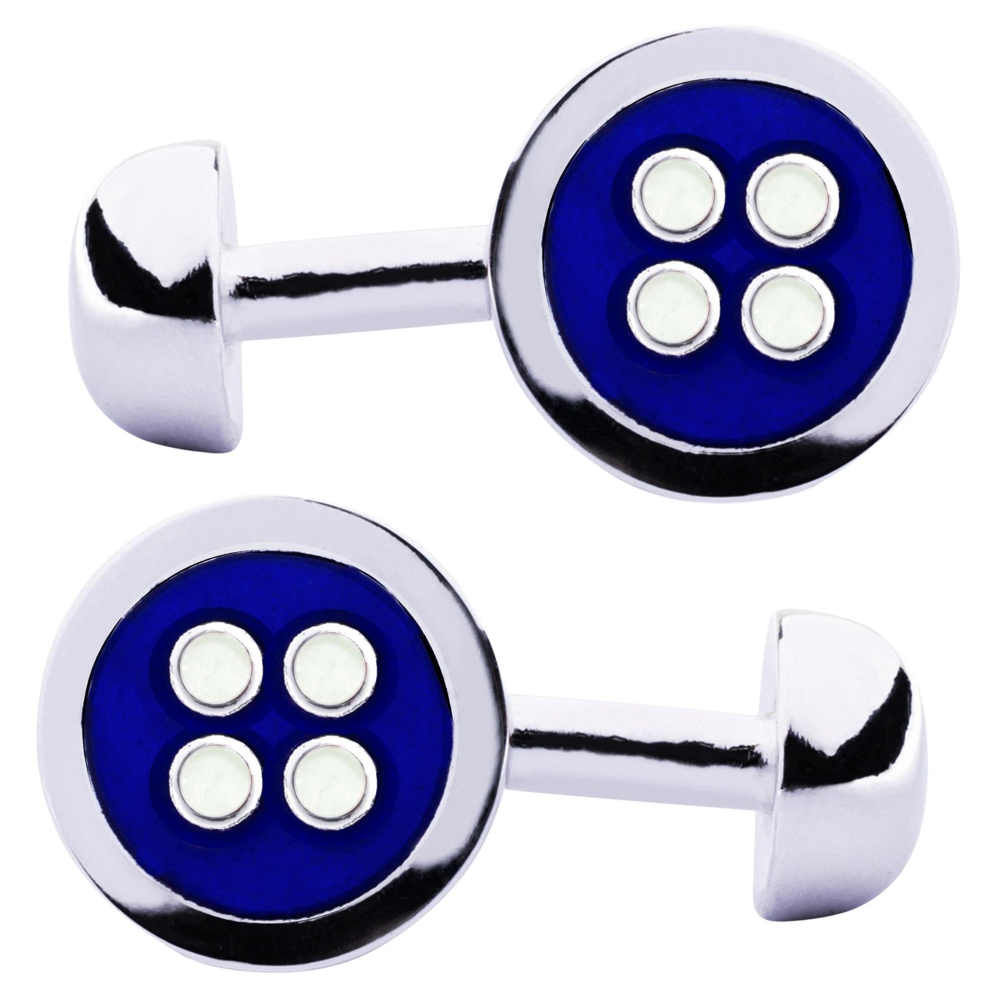 Gemelli a bottone in argento sterling con smalto blu e bianco di Alex Jona in vendita