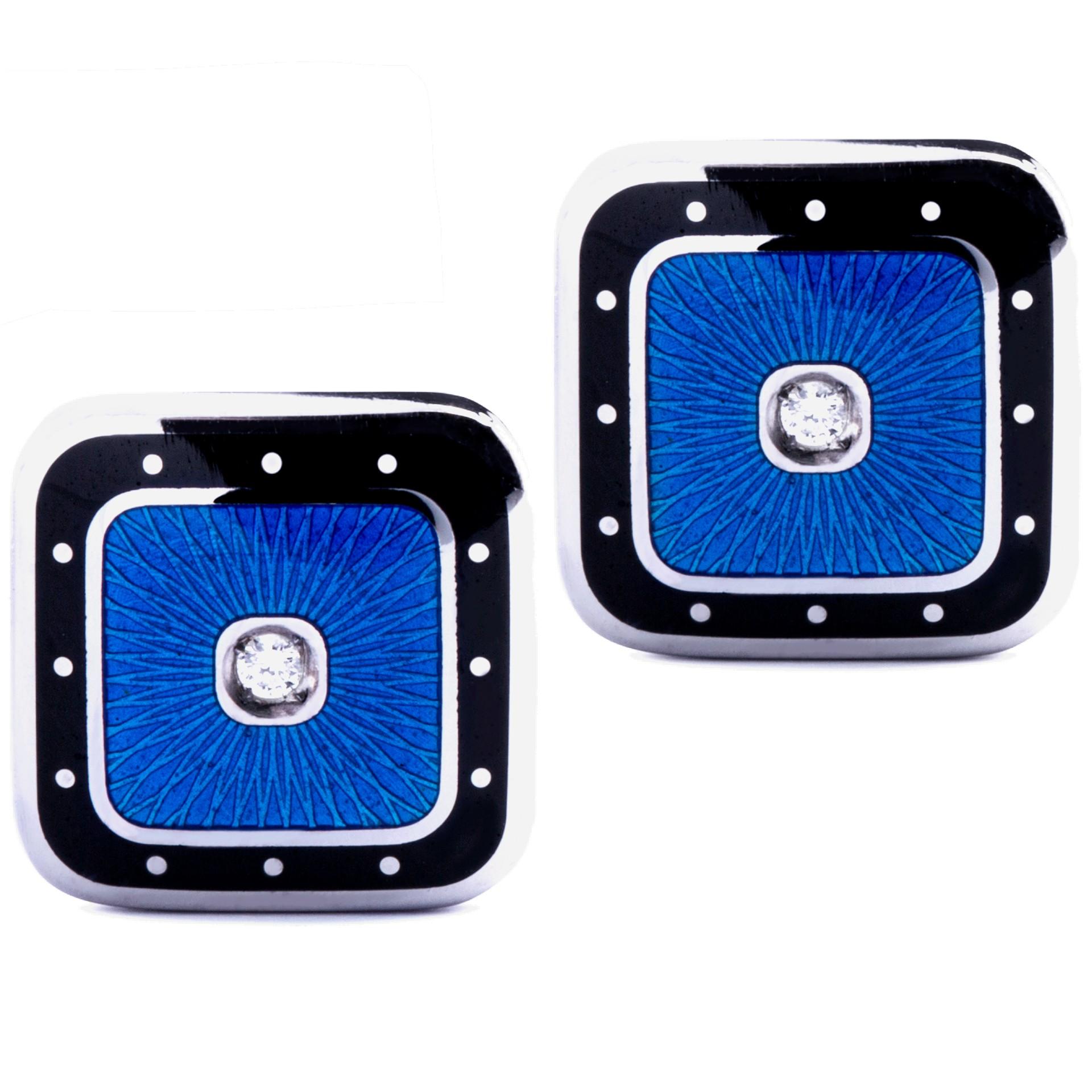 Alex Jona Blue Black Enamel White Diamond Sterling Silver Cufflinks For Sale