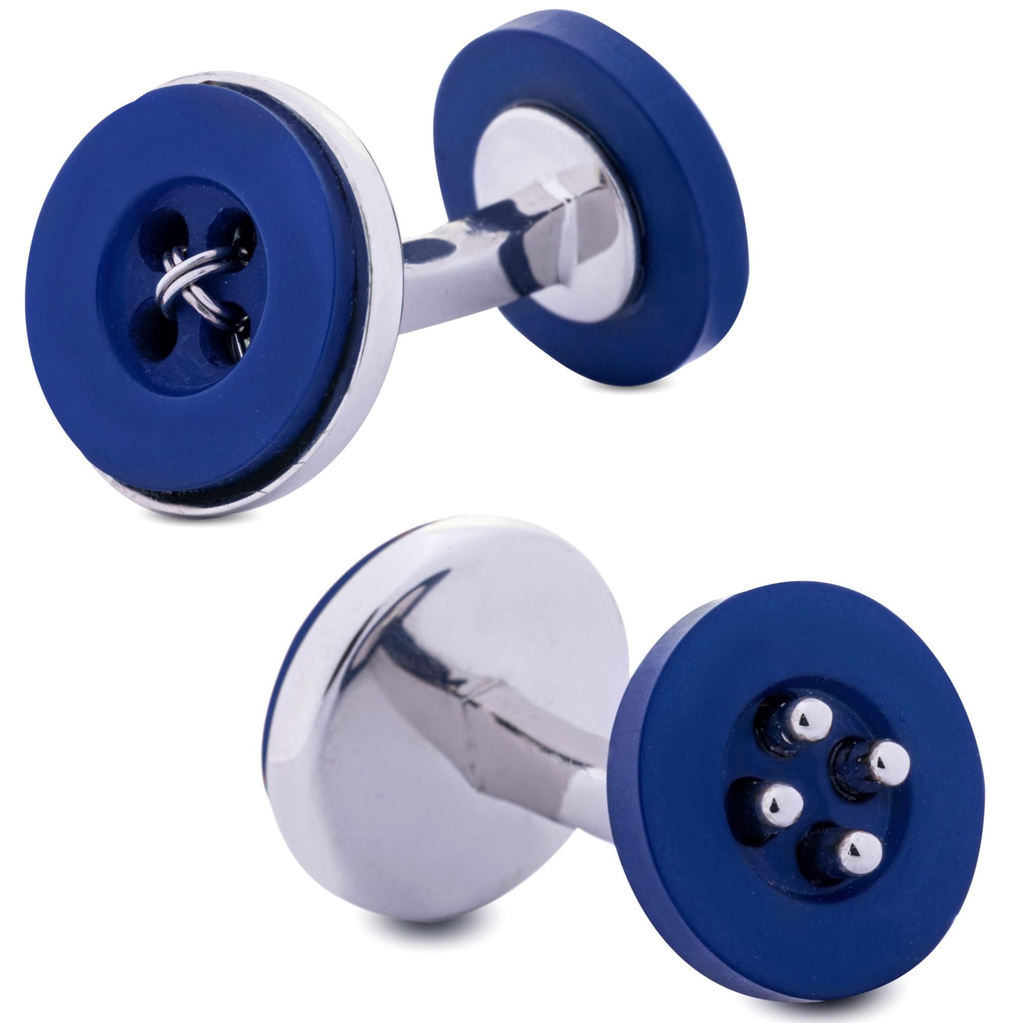 Gemelli da polso con bottone in argento Alex Jona Blue Button In condizioni Nuovo in vendita a Lugano, CH
