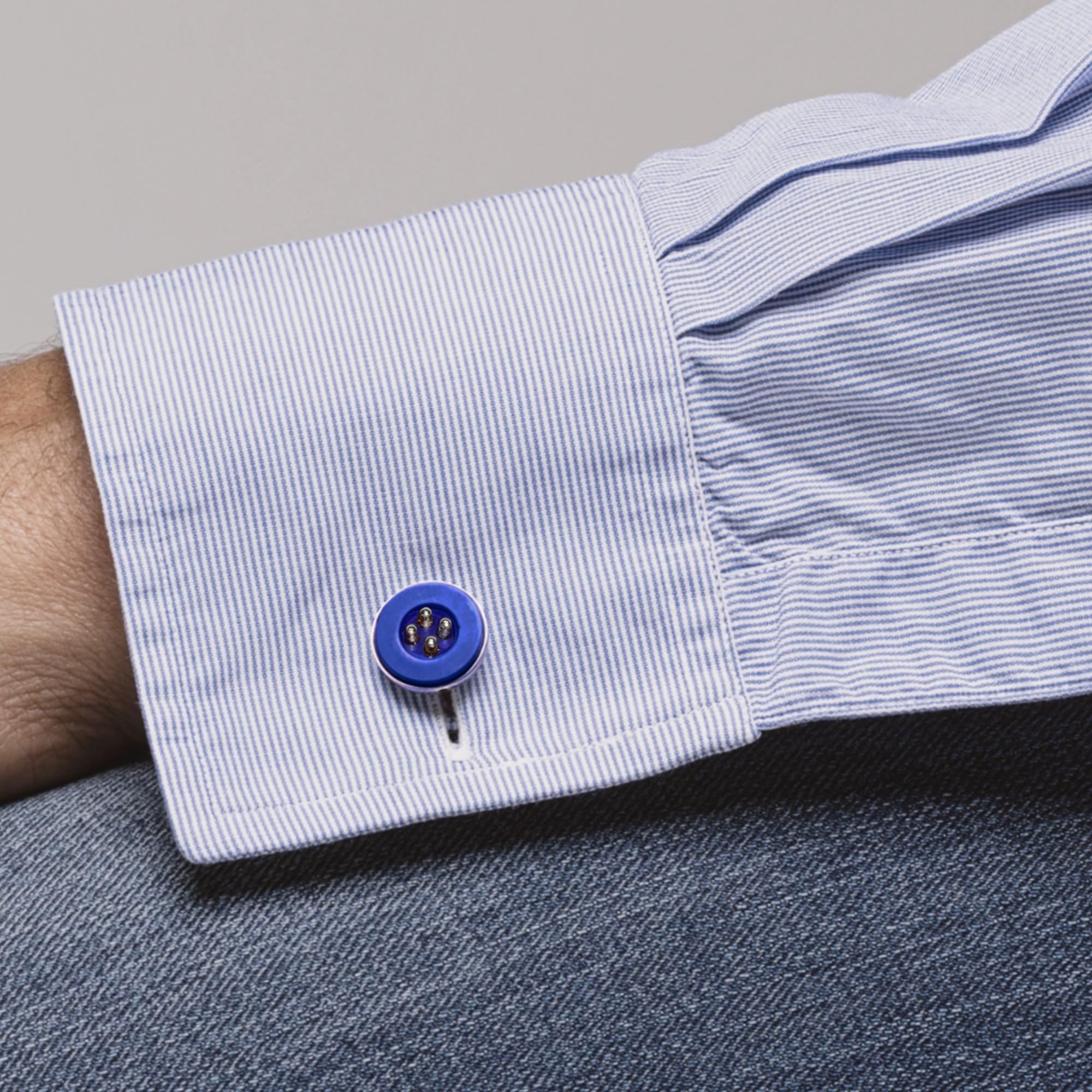 Uomo Gemelli da polso con bottone in argento Alex Jona Blue Button in vendita