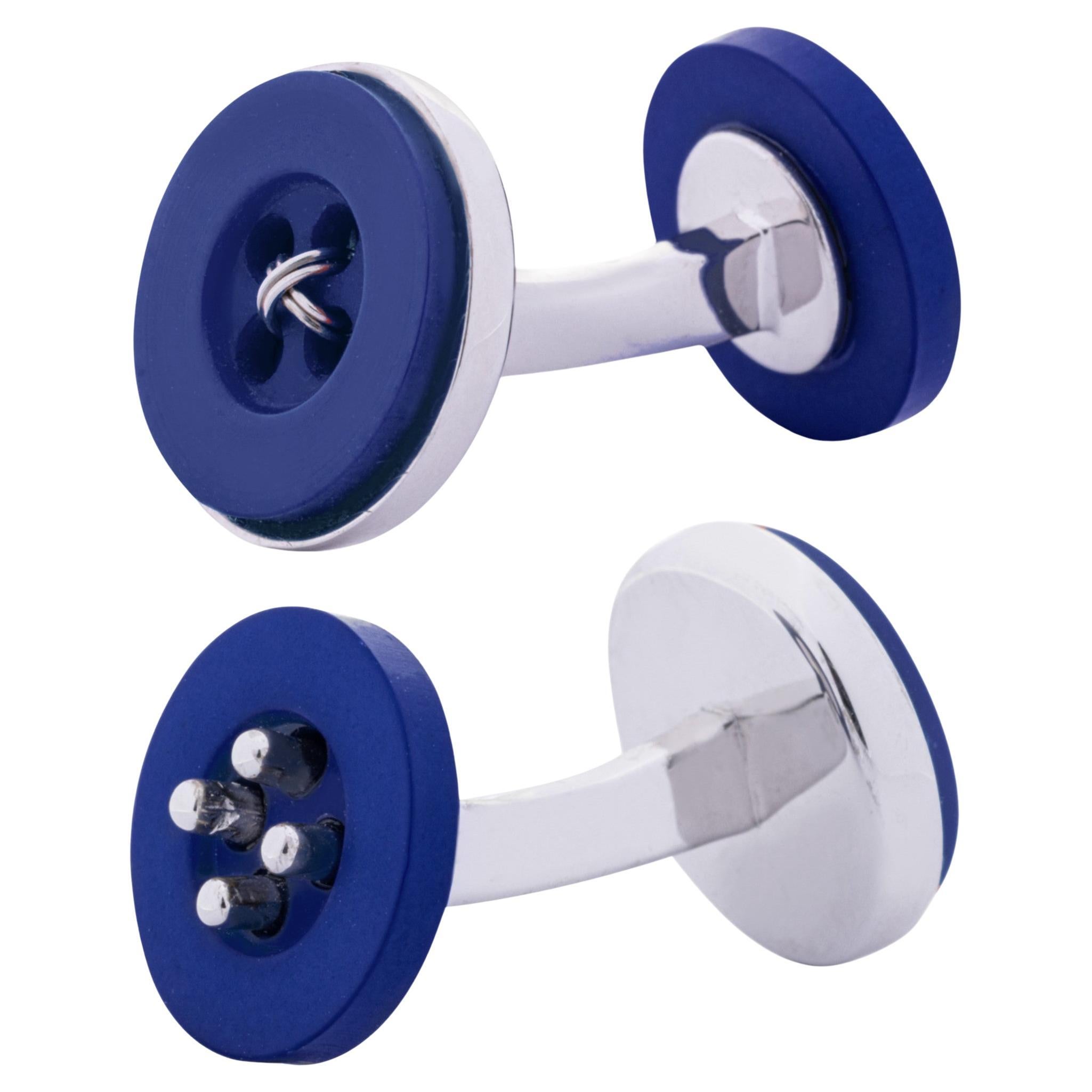 Gemelli da polso con bottone in argento Alex Jona Blue Button in vendita
