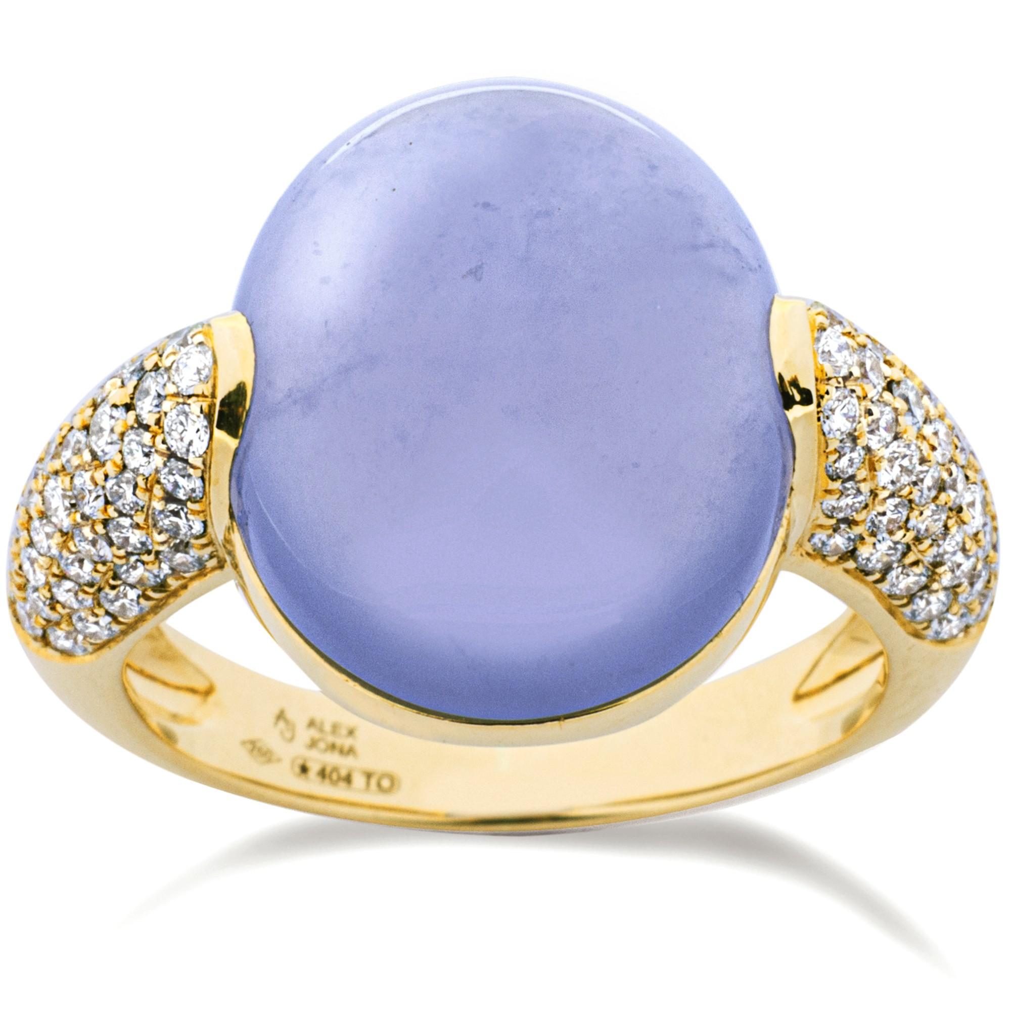 Cabochon Alex Jona Blue Chalcedony White Diamond 18 Karat Yellow Gold Ring For Sale