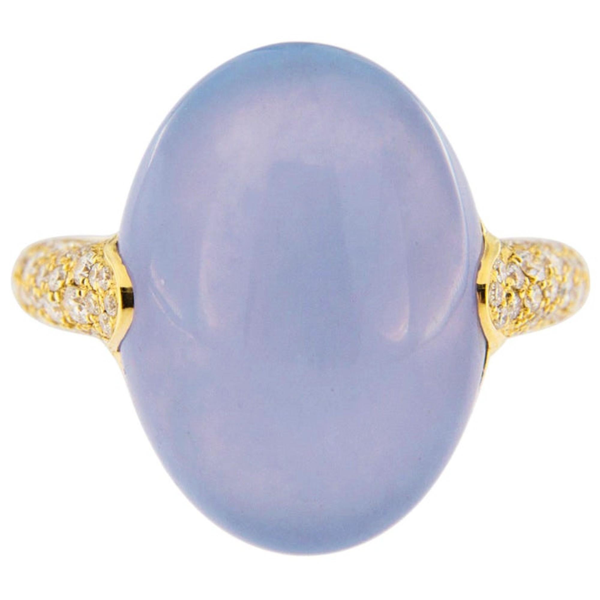 Cabochon Alex Jona Blue Chalcedony White Diamond 18 Karat Yellow Gold Ring For Sale