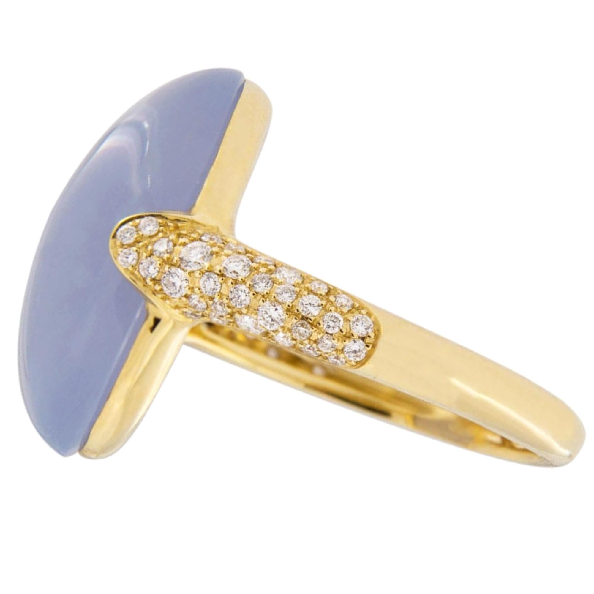 Cabochon Alex Jona Blue Chalcedony White Diamond 18 Karat Yellow Gold Ring For Sale