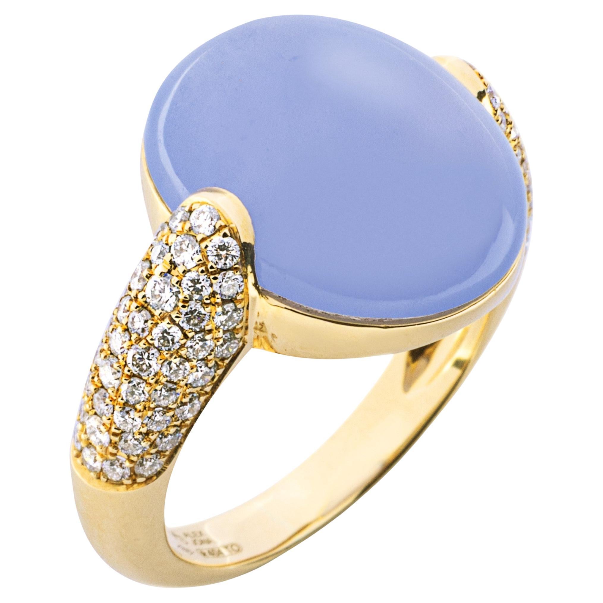 Alex Jona Blue Chalcedony White Diamond 18 Karat Yellow Gold Ring