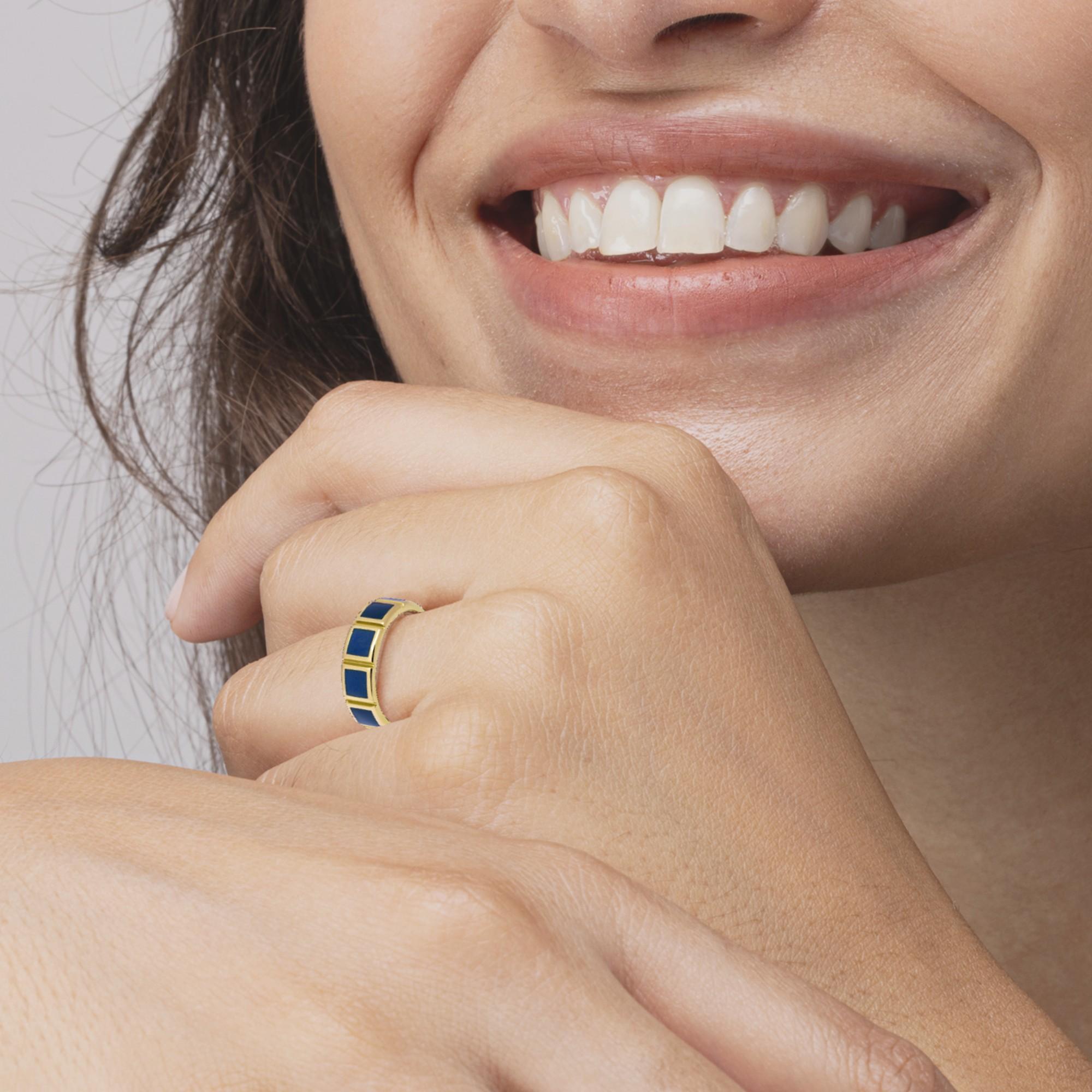 Alex Jona Blue Enamel 18 Karat Yellow Gold Band Ring For Sale 1