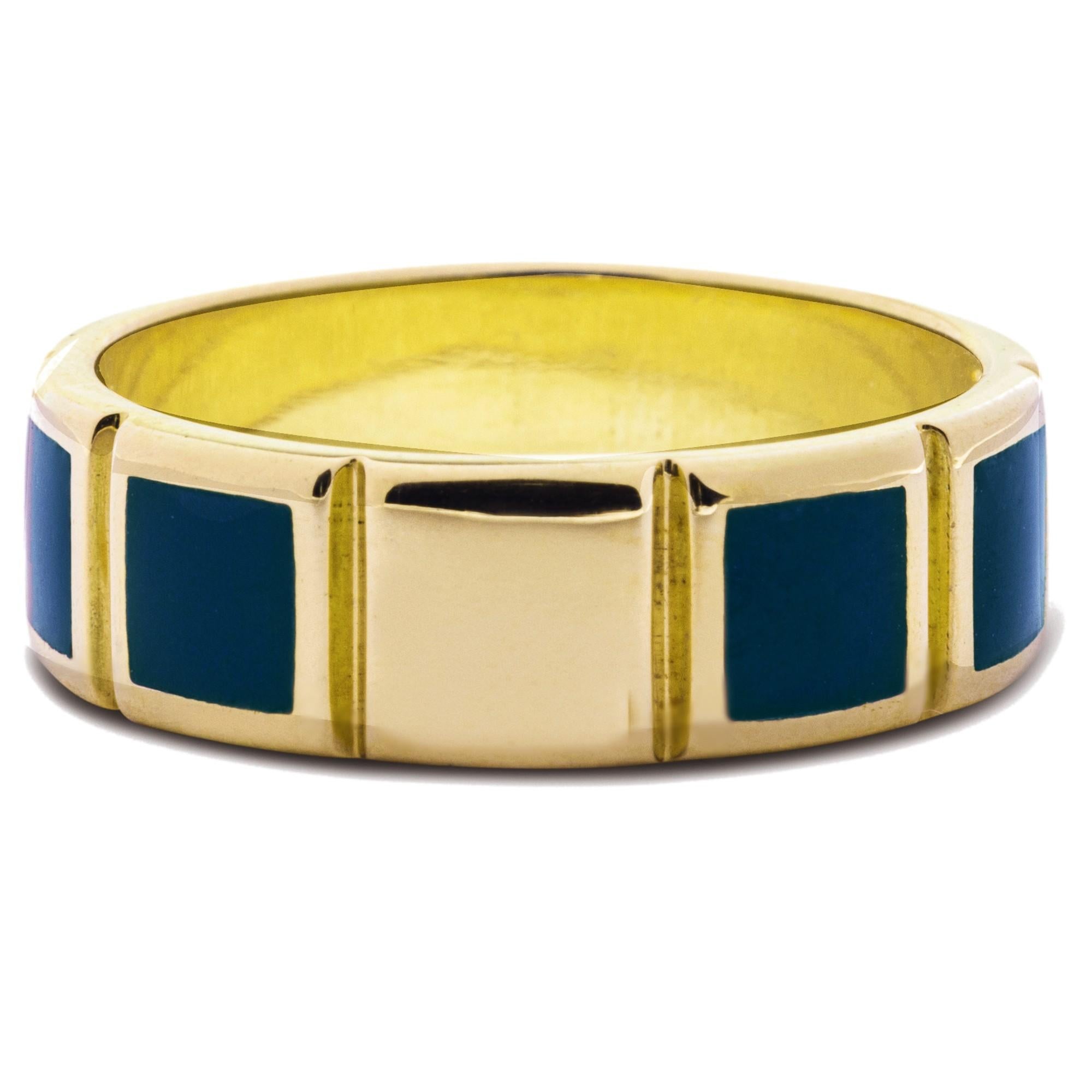 Alex Jona Blue Enamel 18 Karat Yellow Gold Band Ring For Sale 3