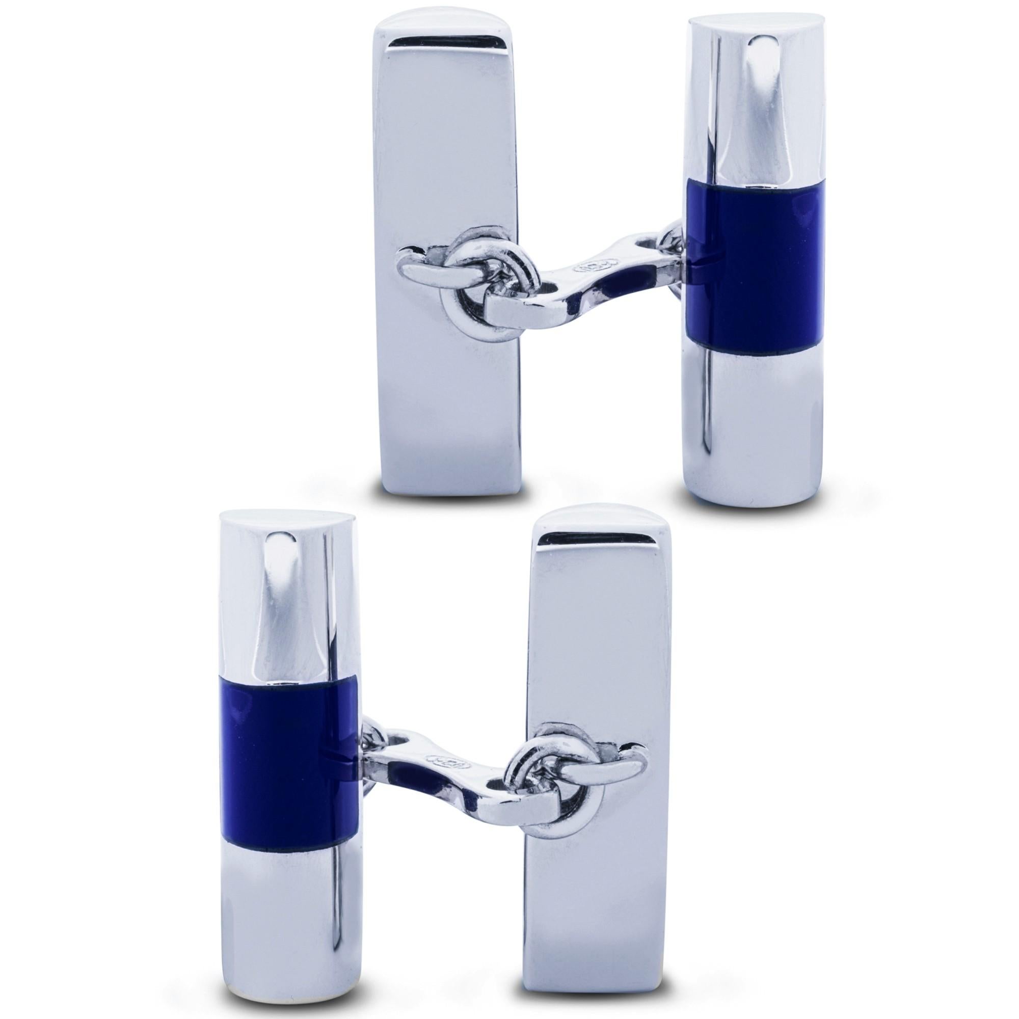Gemelos de barra de plata de ley con esmalte azul Alex Jona en Nuevo estado para la venta en Lugano, CH