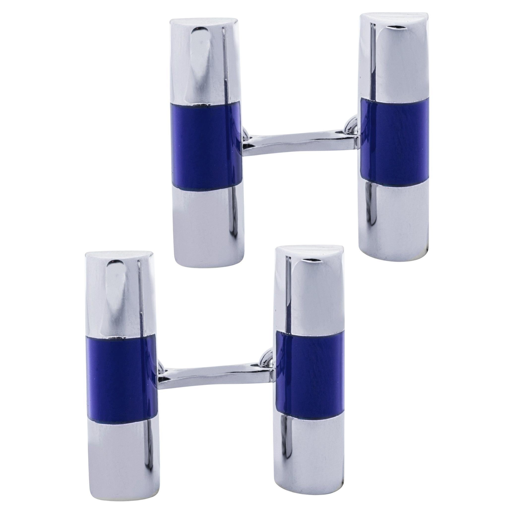 Alex Jona Blue Enamel Sterling Silver Bar Cufflinks