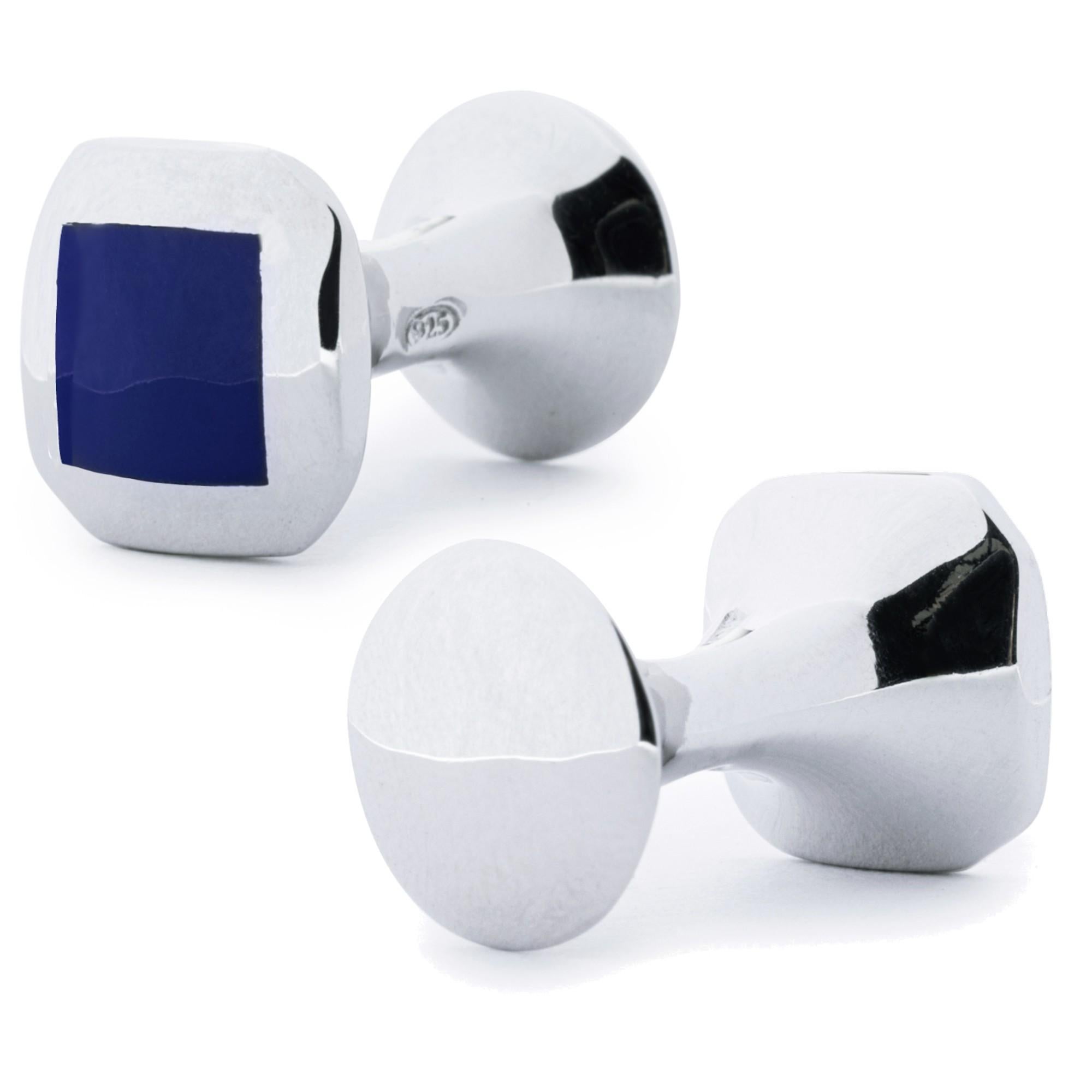 Square Cut Alex Jona Sterling Silver Cufflinks Blue Enamel For Sale